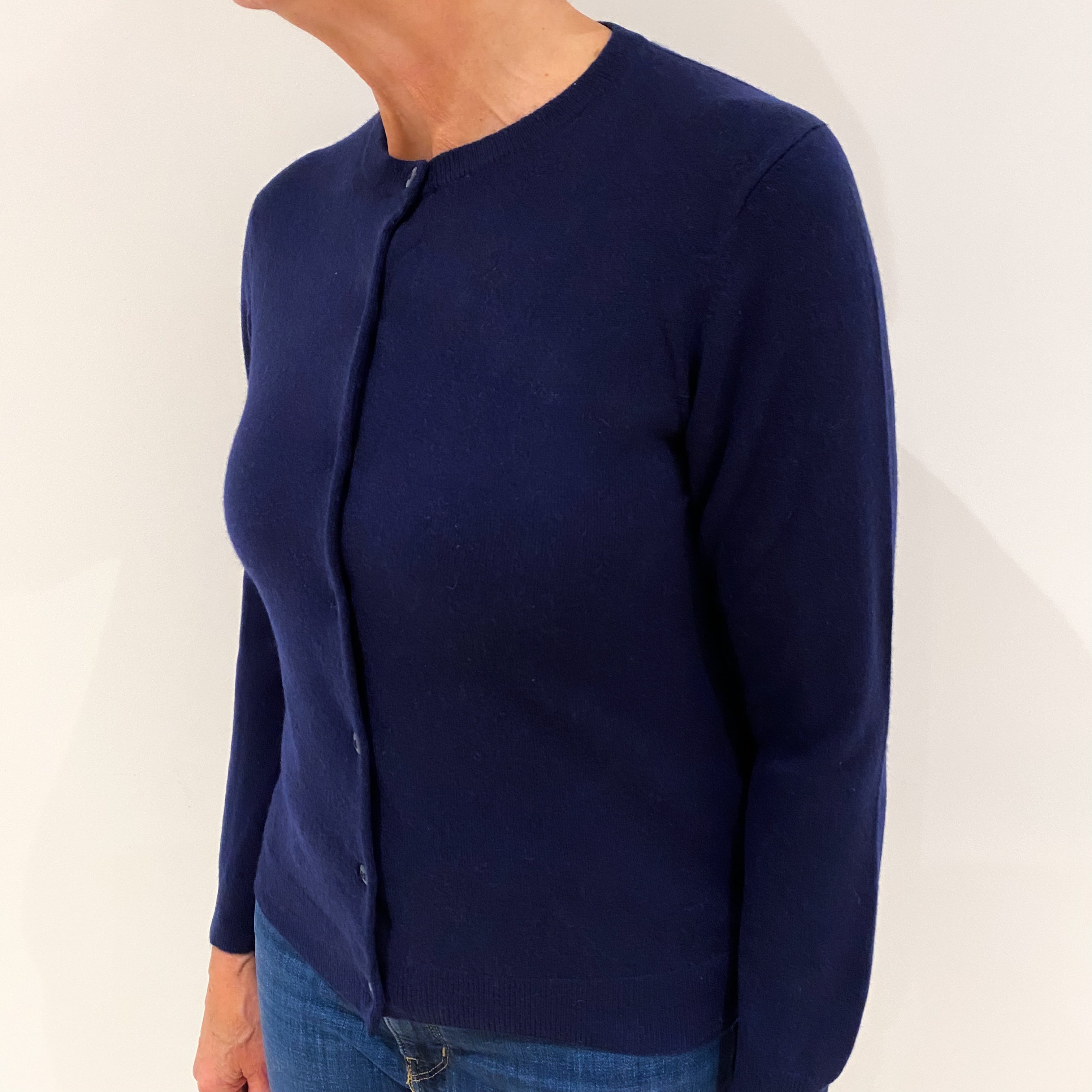 Navy Cashmere Crew Neck Cardigan Medium