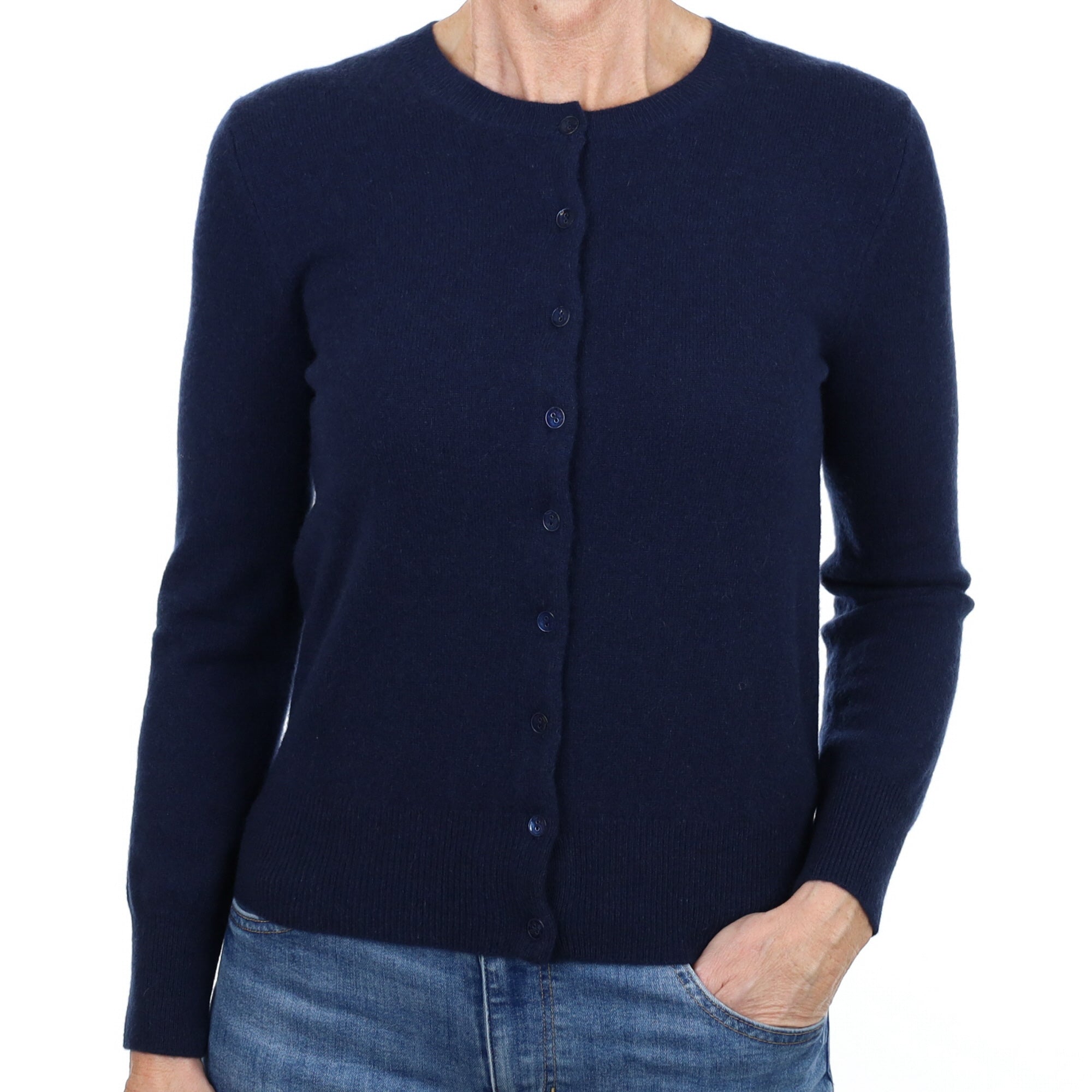 New Navy Blue Cashmere Crew Neck Cardigan Small
