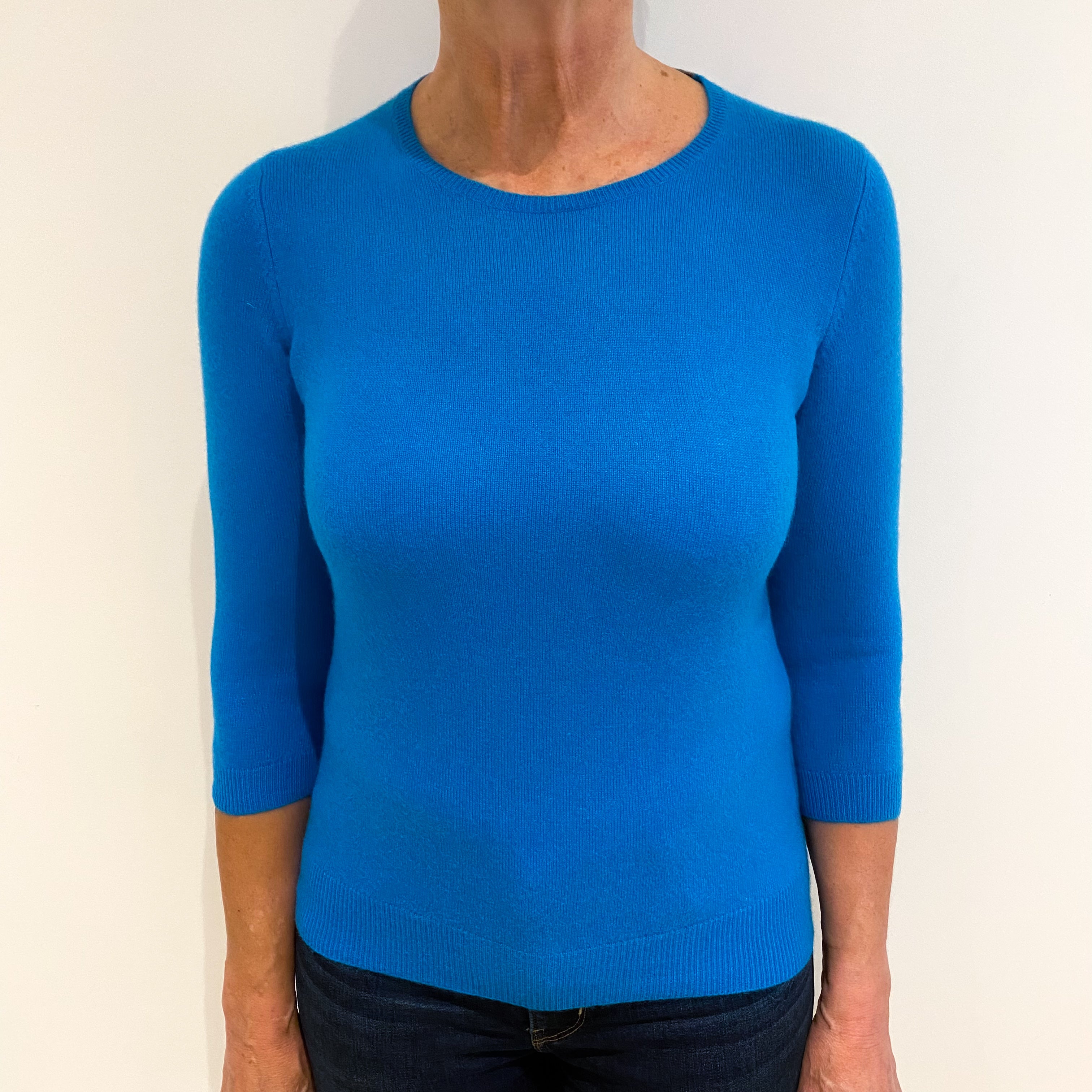 Turquoise Blue 3/4 Sleeve Cashmere Crew Neck Jumper Medium