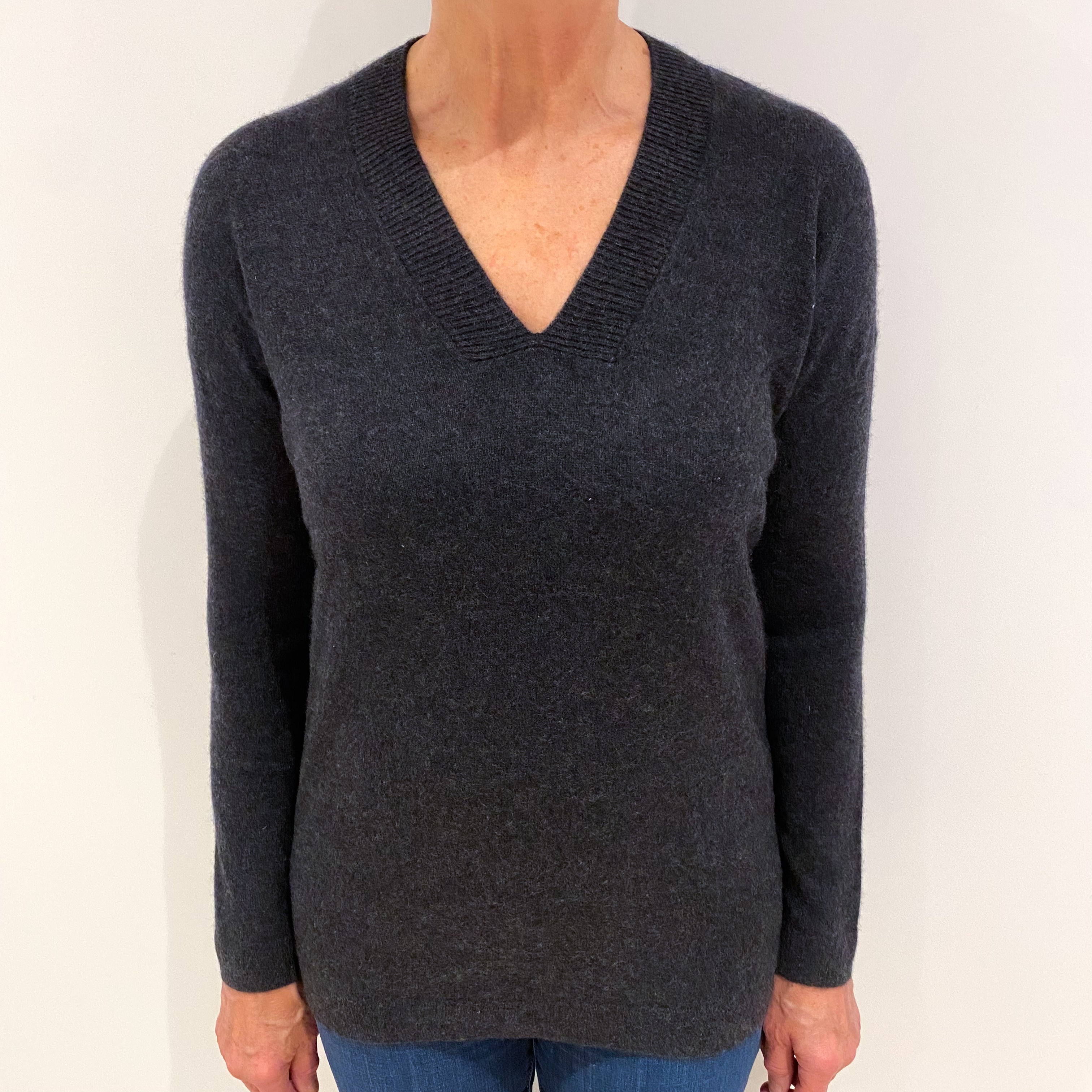 Charcoal Grey Cashmere V Neck Jumper Medium