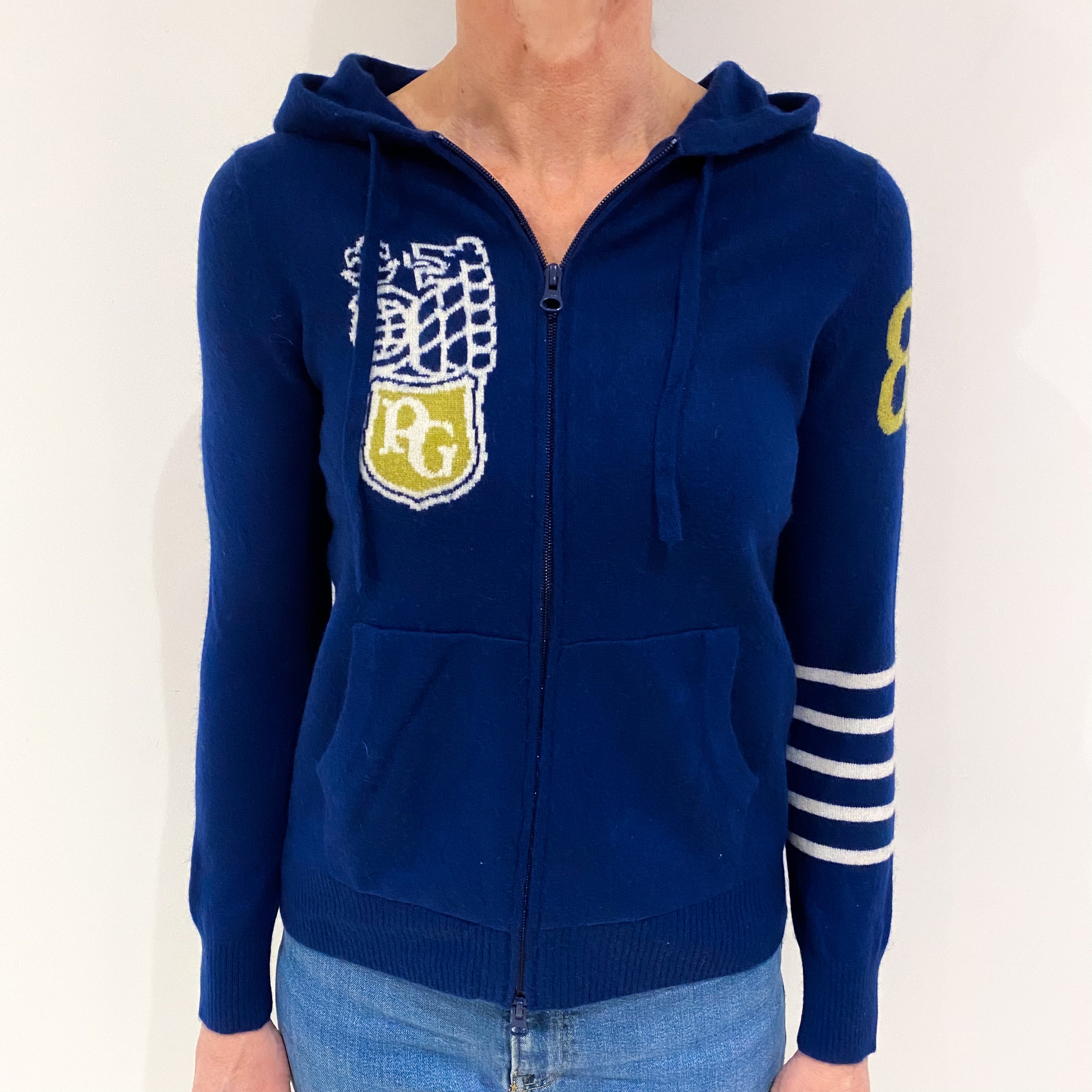 French Navy Cashmere Zip Up Logo Hoodie Small
