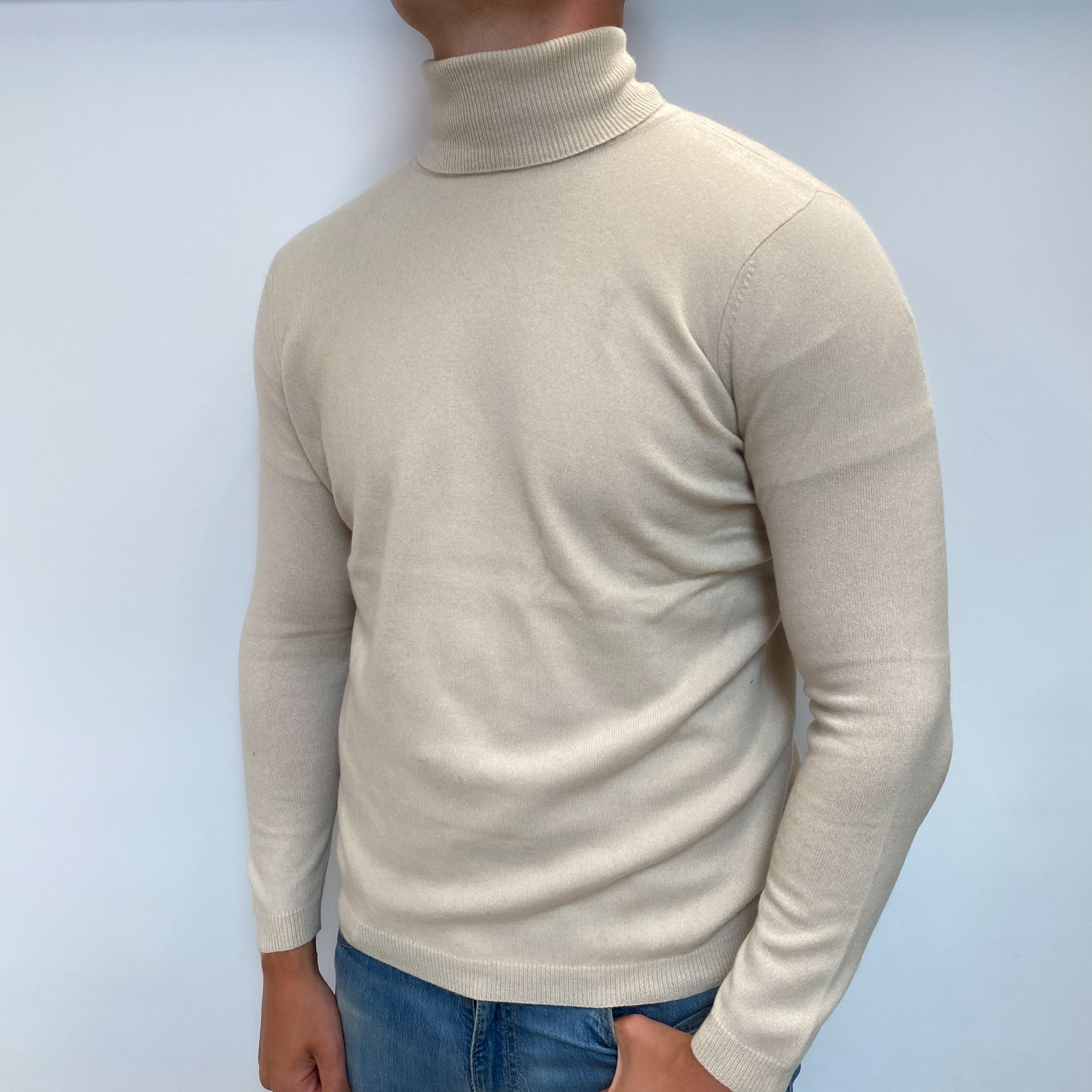 Men's Alabaster Beige Cashmere Polo Neck Jumper XL