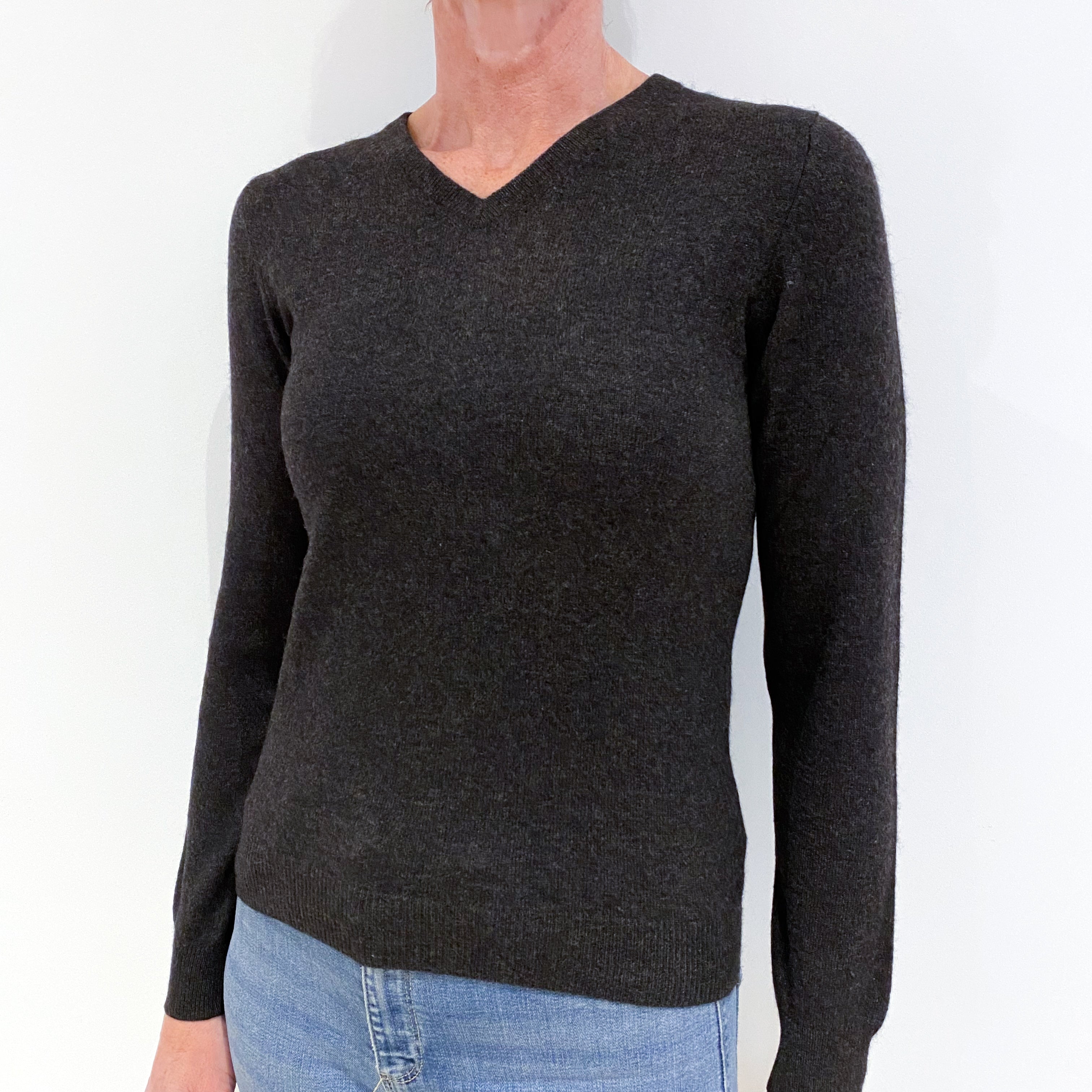 Charcoal Grey Cashmere V-Neck Jumper Small