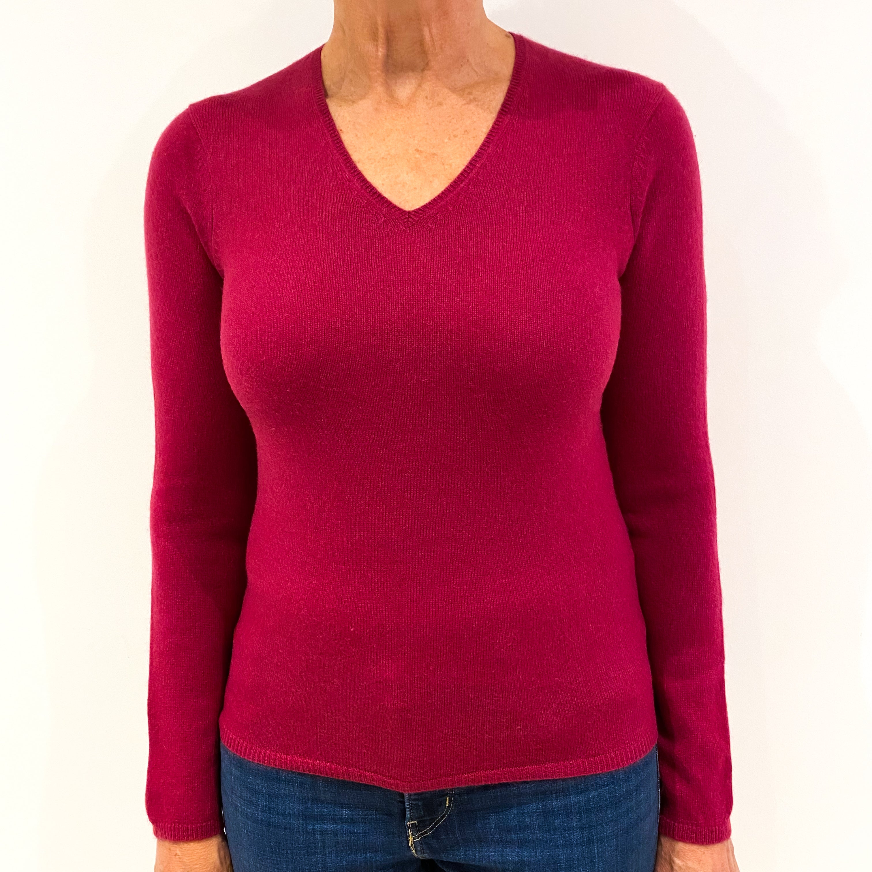 Raspberry Pink Cashmere V-Neck Jumper Medium