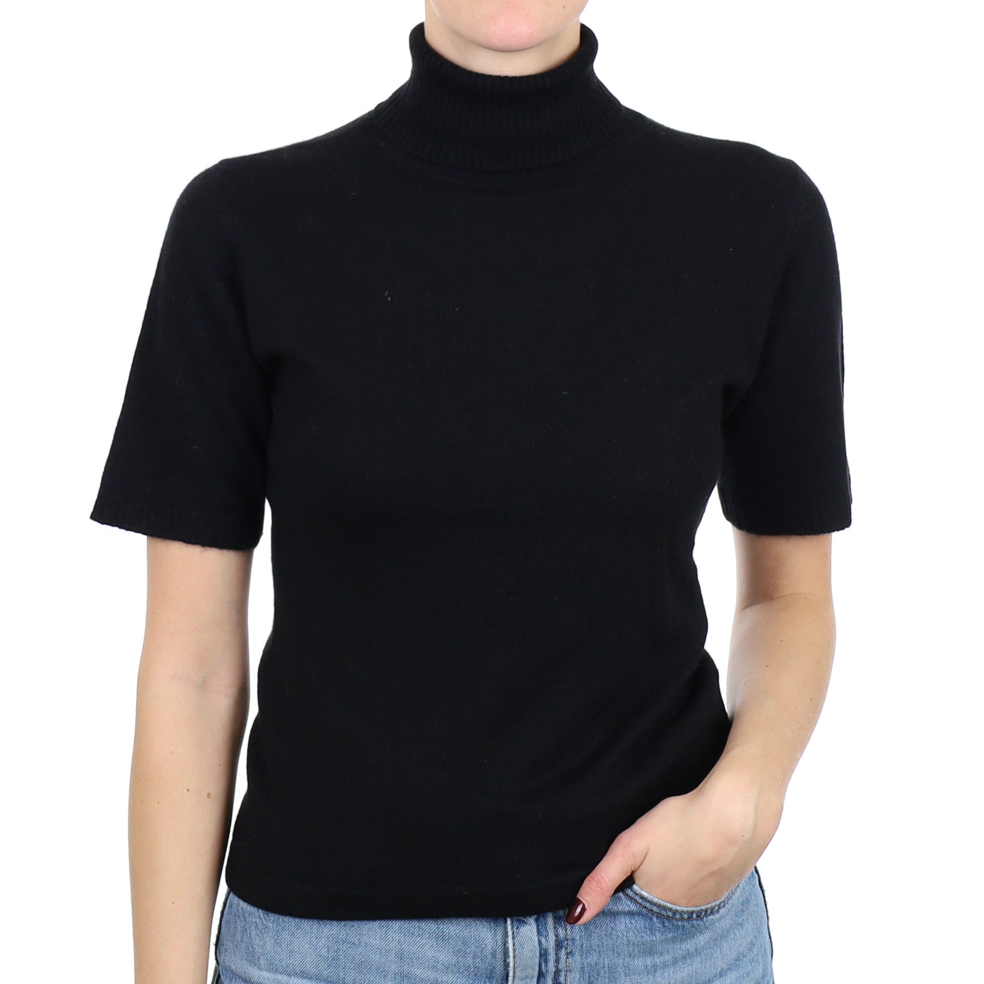 Black Cashmere Short Sleeve Polo Neck Jumper Small