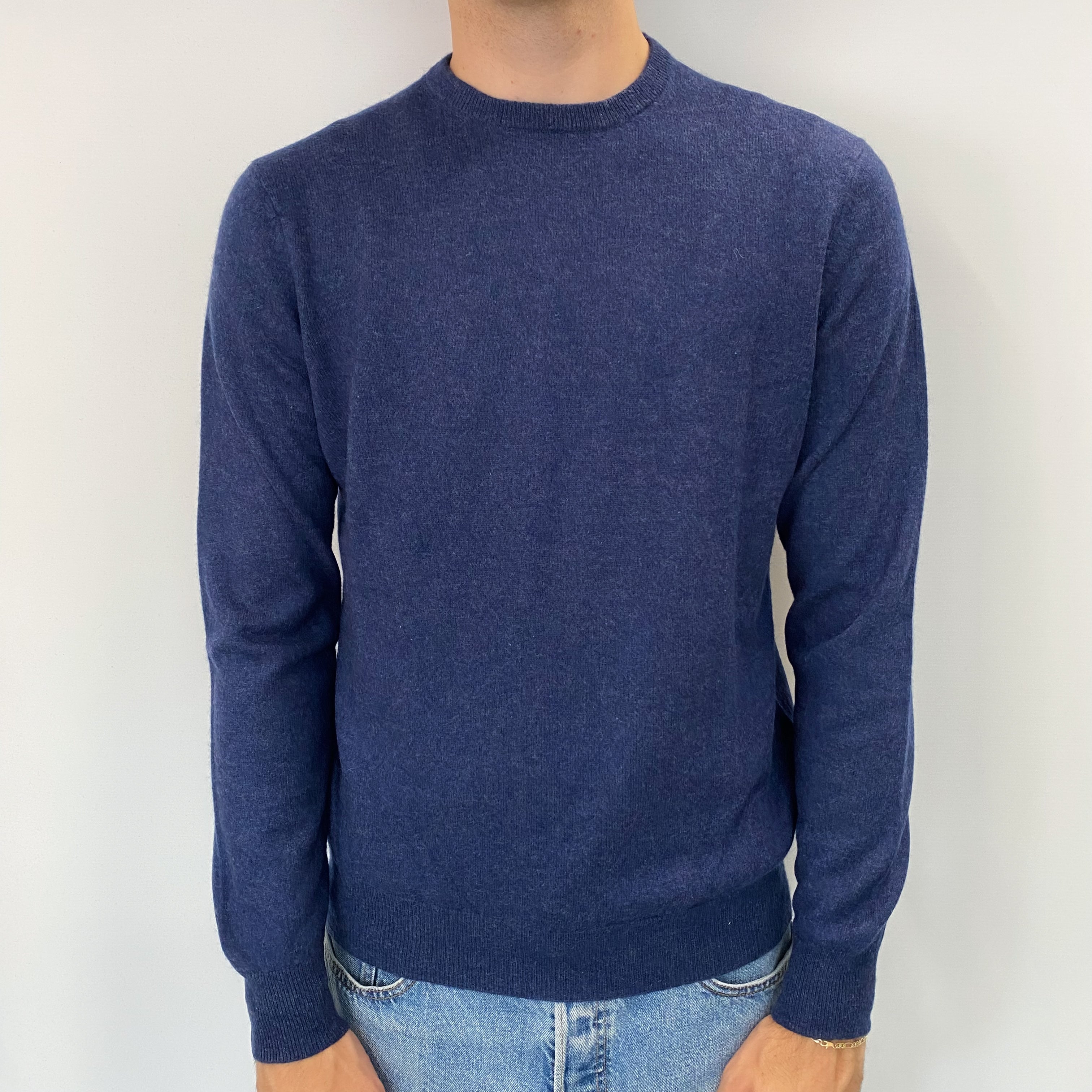 Men's Denim Blue Cashmere Crew Neck Jumper Large