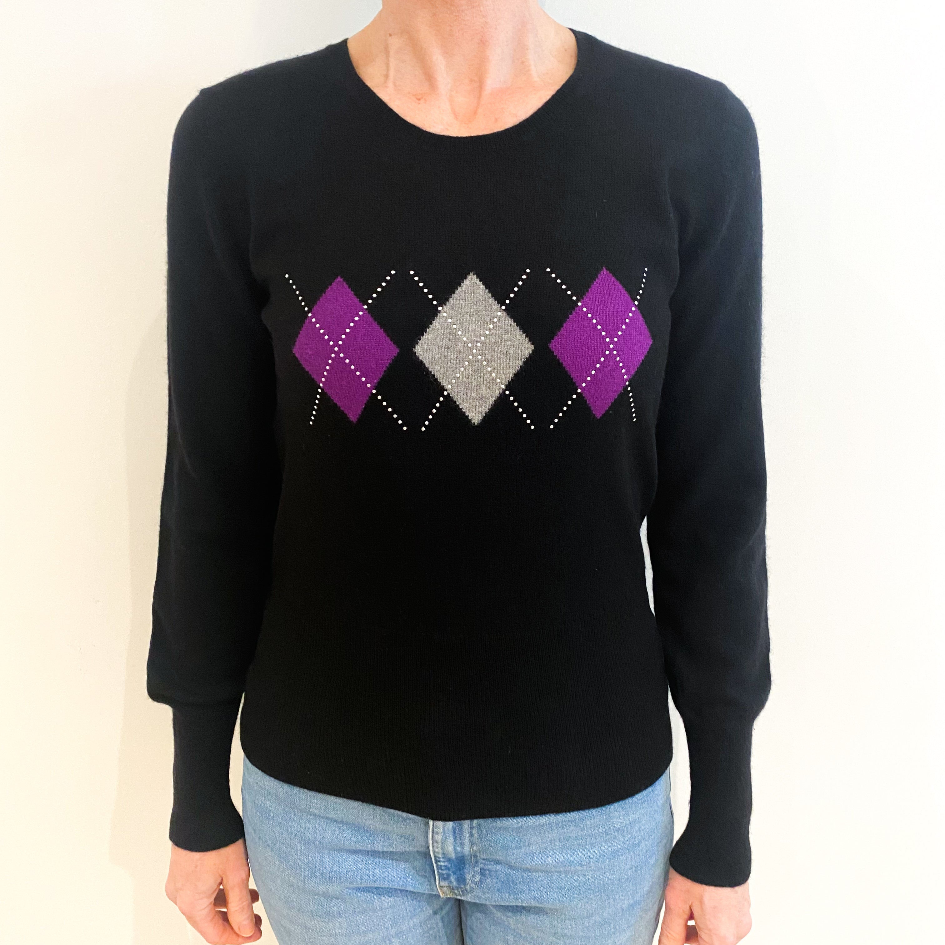 Black Diamond Patterned Cashmere Crew Neck Jumper Small
