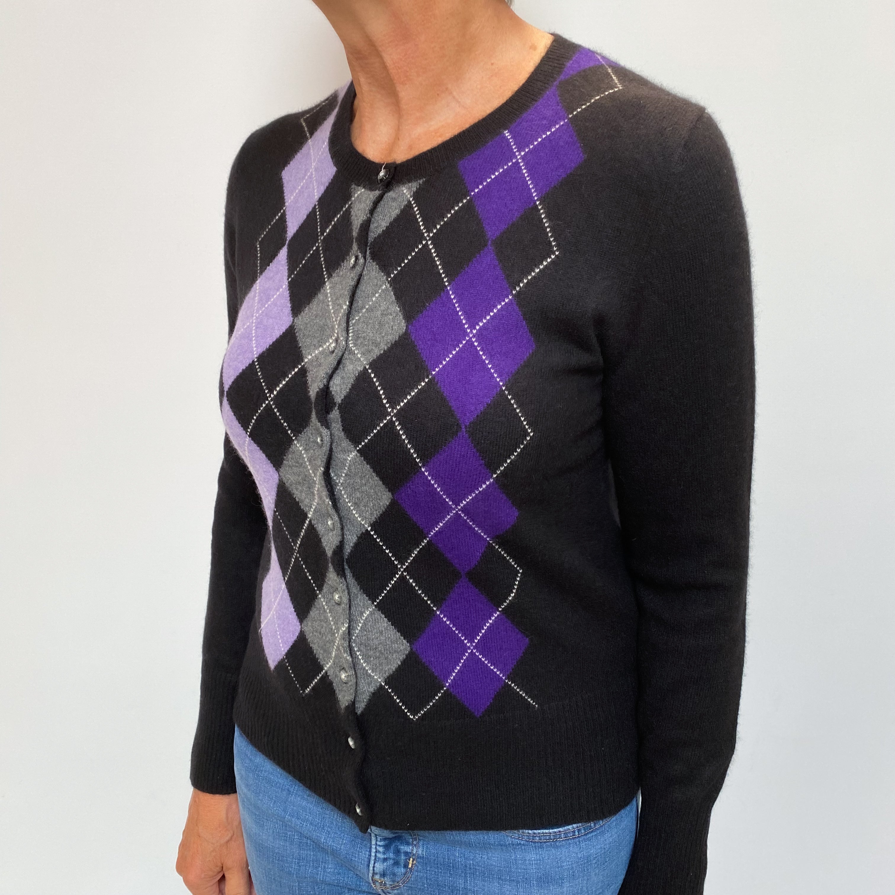 Black And Purple Argyle Cashmere Crew Neck Cardigan Medium
