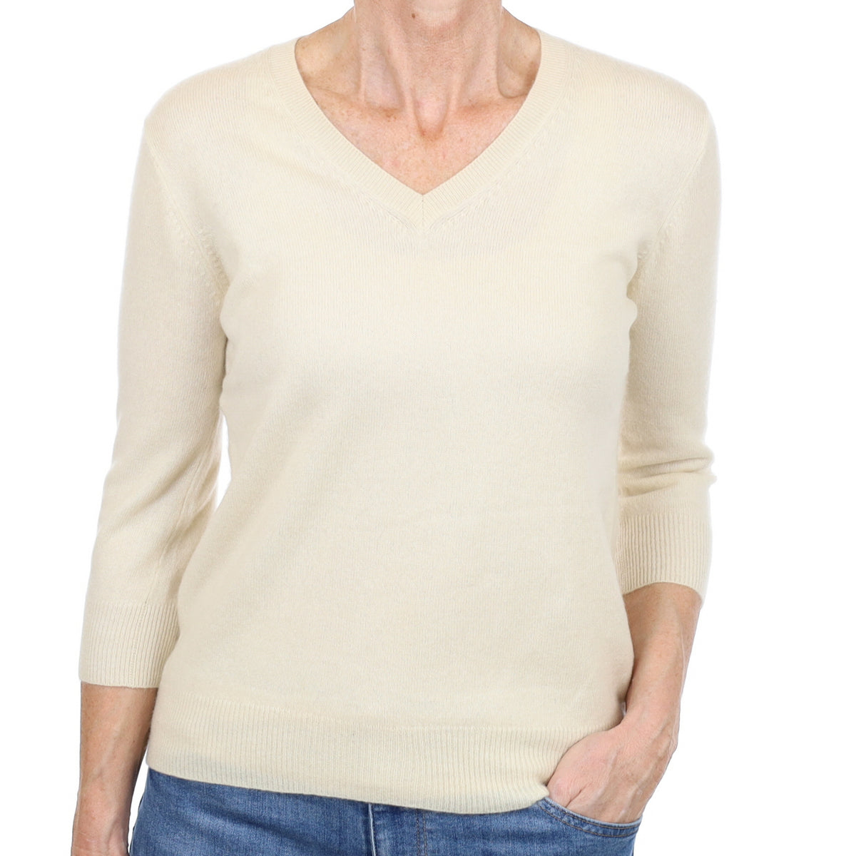 Vanilla Cream Cashmere V Neck Jumper Small