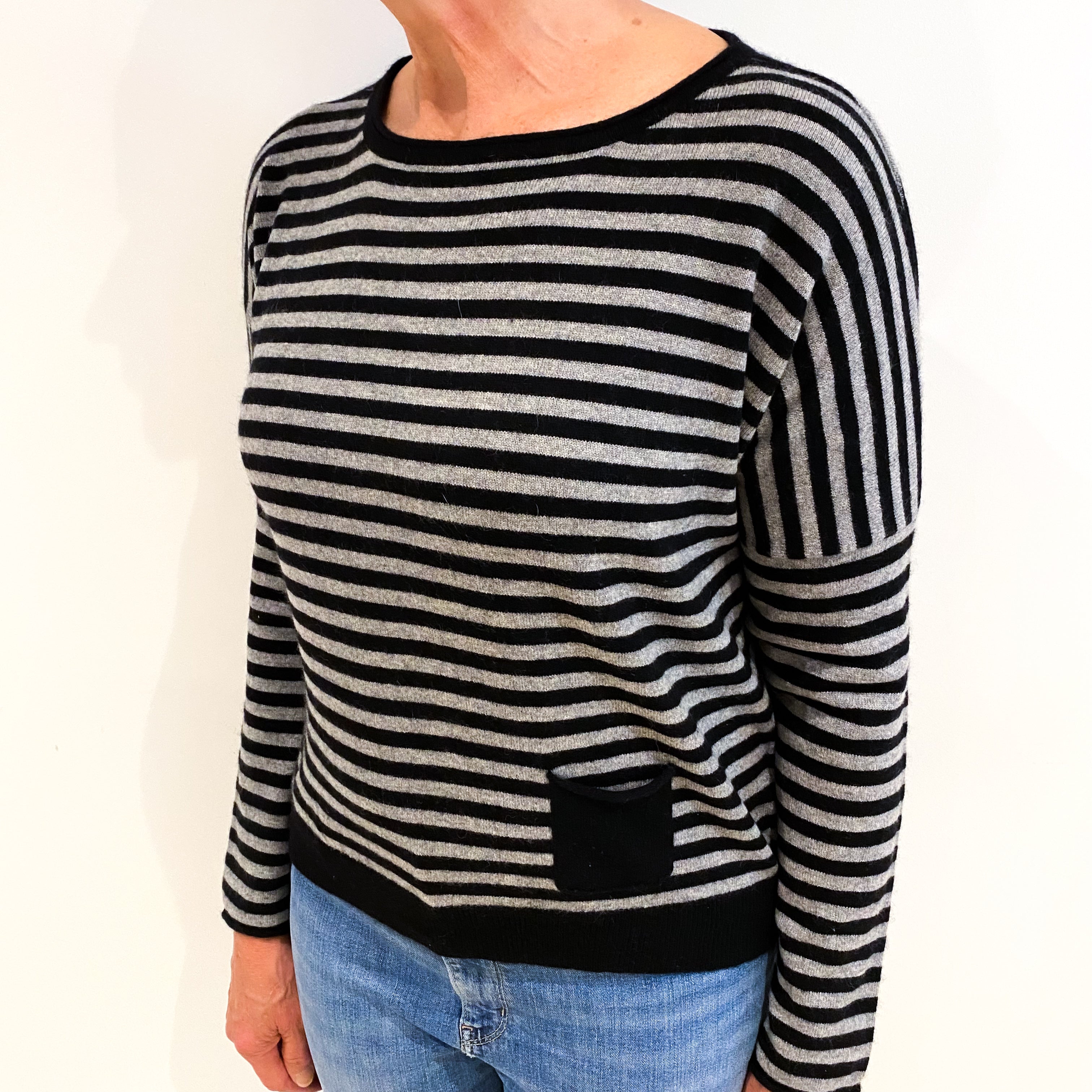 Black And Grey Striped Cashmere Crew Neck Jumper Medium