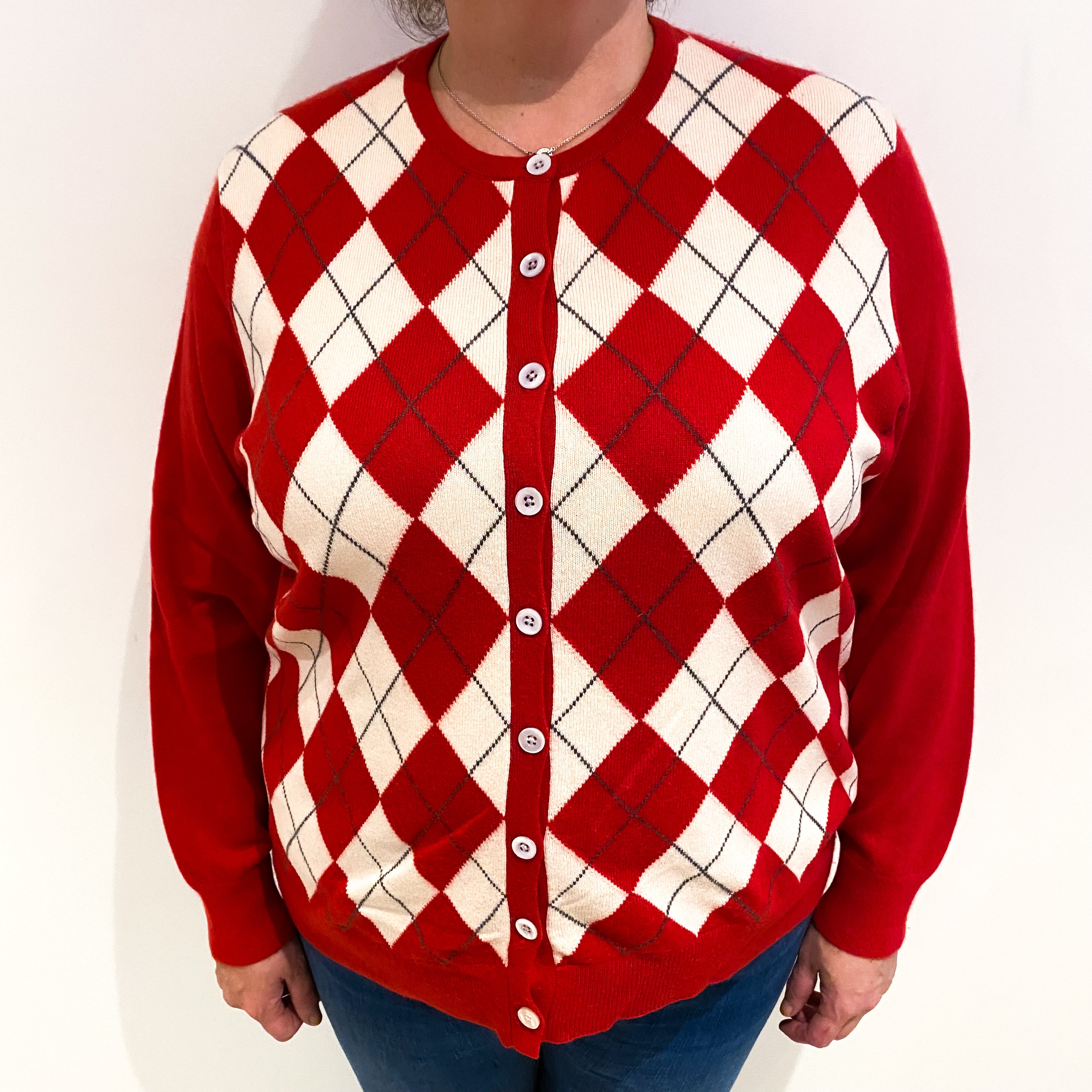 Red Ivory Diamond Cashmere Crew Neck Cardigan Extra Extra Large