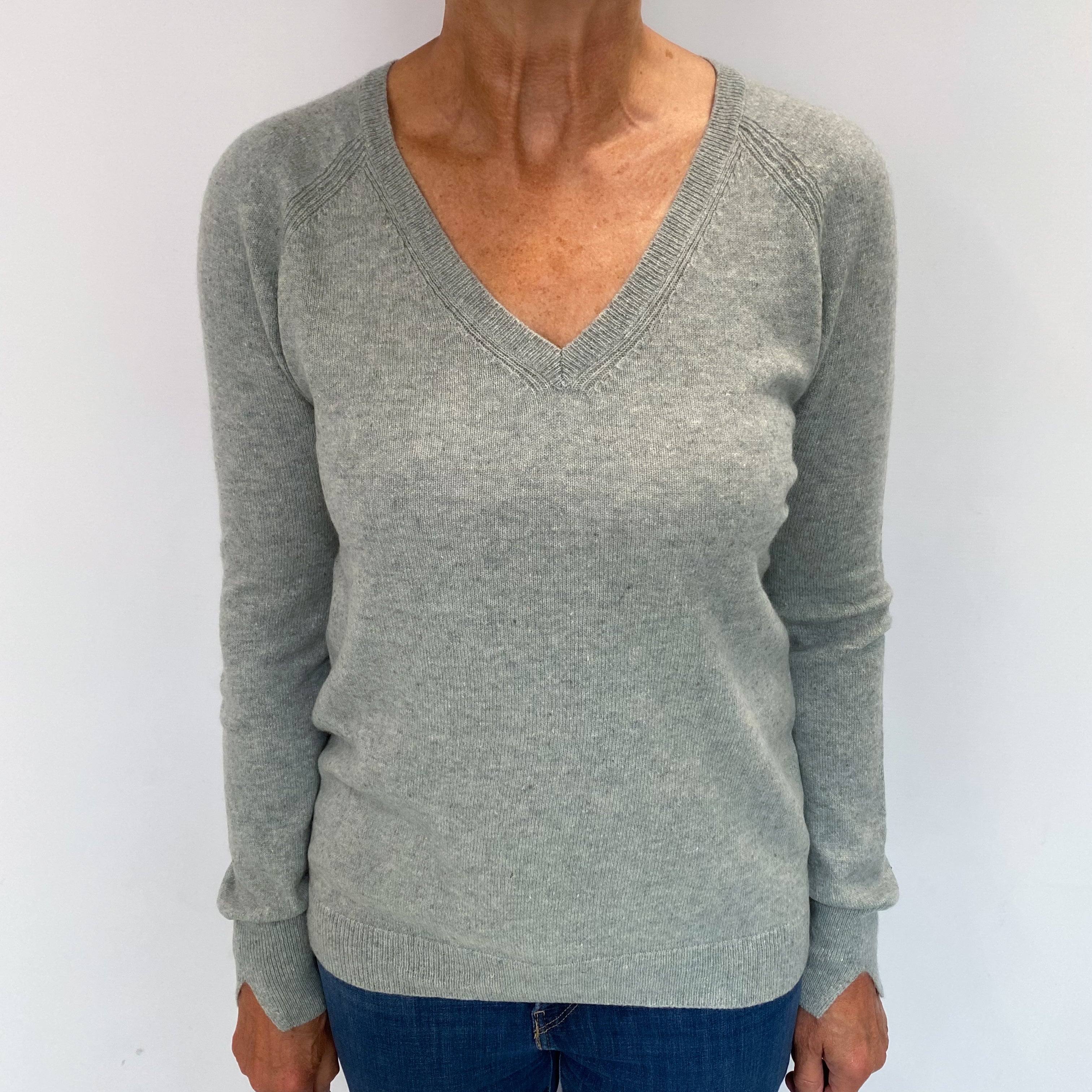 Pale Sage Green Cashmere V Neck Jumper Medium