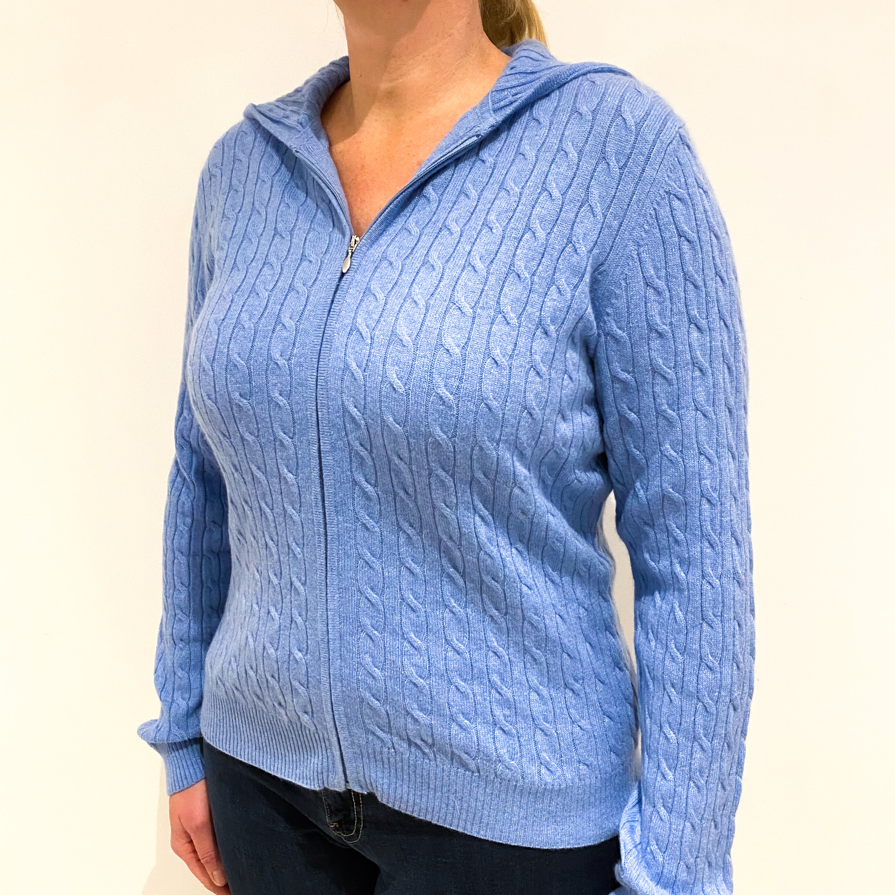 Sky Blue Cable Knit Cashmere Zip Up Hooded Jumper Large