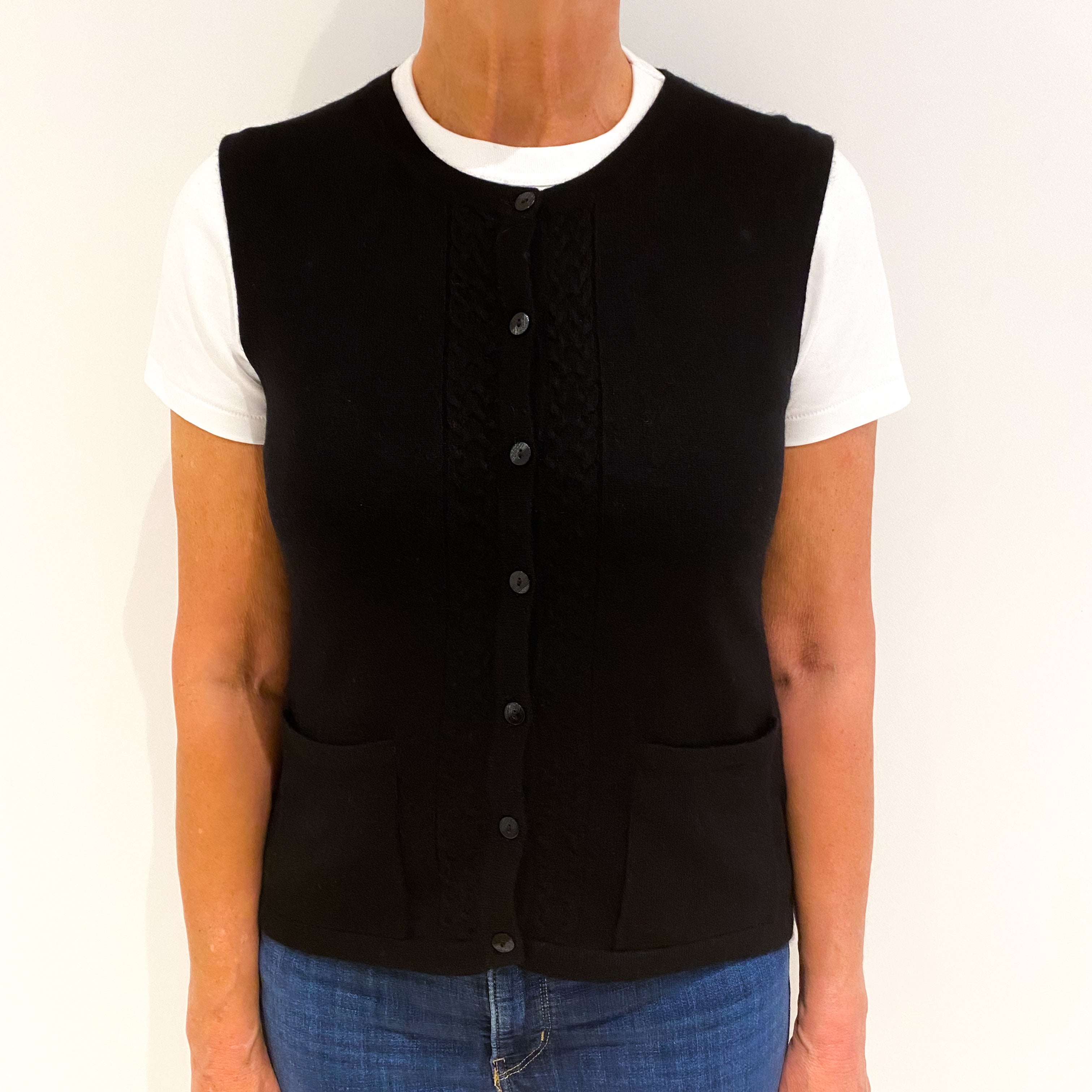 Black Sleeveless Cashmere Button Up Tank Top Medium