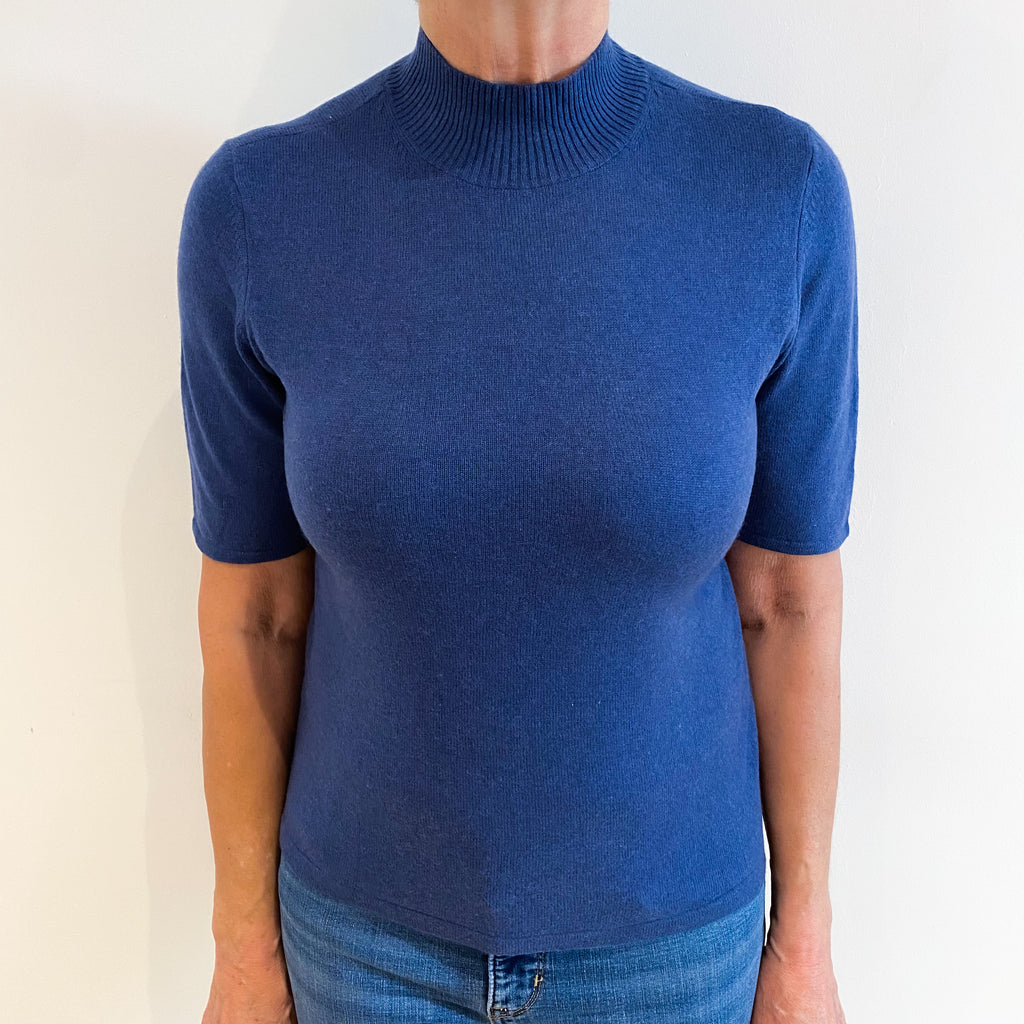 Dusty Blue Cashmere Short Sleeved Turtle Neck Jumper Medium