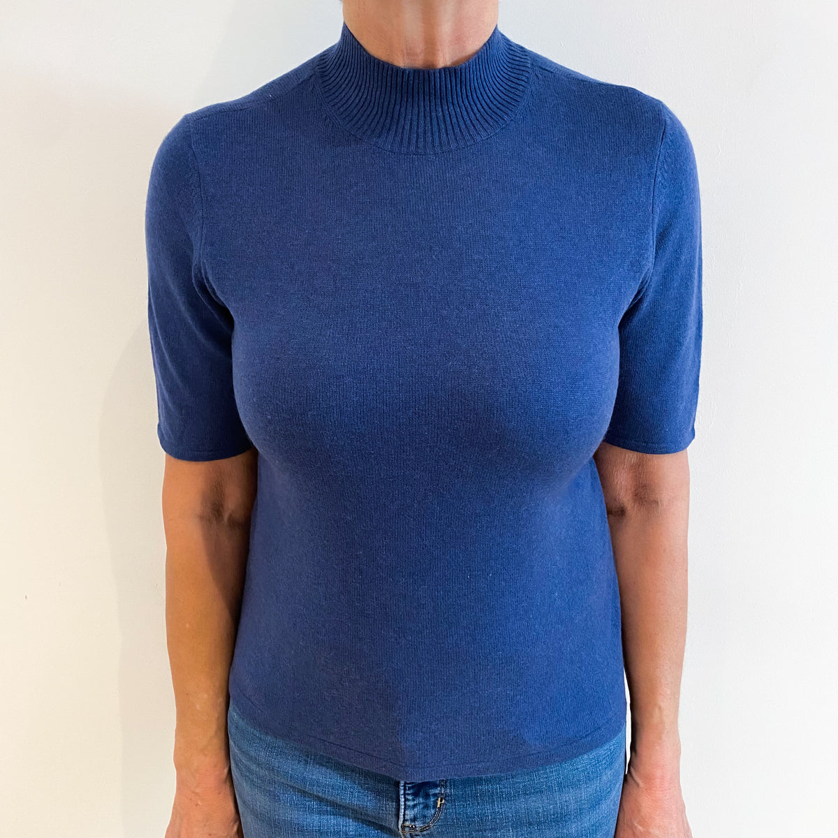 Dusty Blue Cashmere Short Sleeved Turtle Neck Jumper Medium