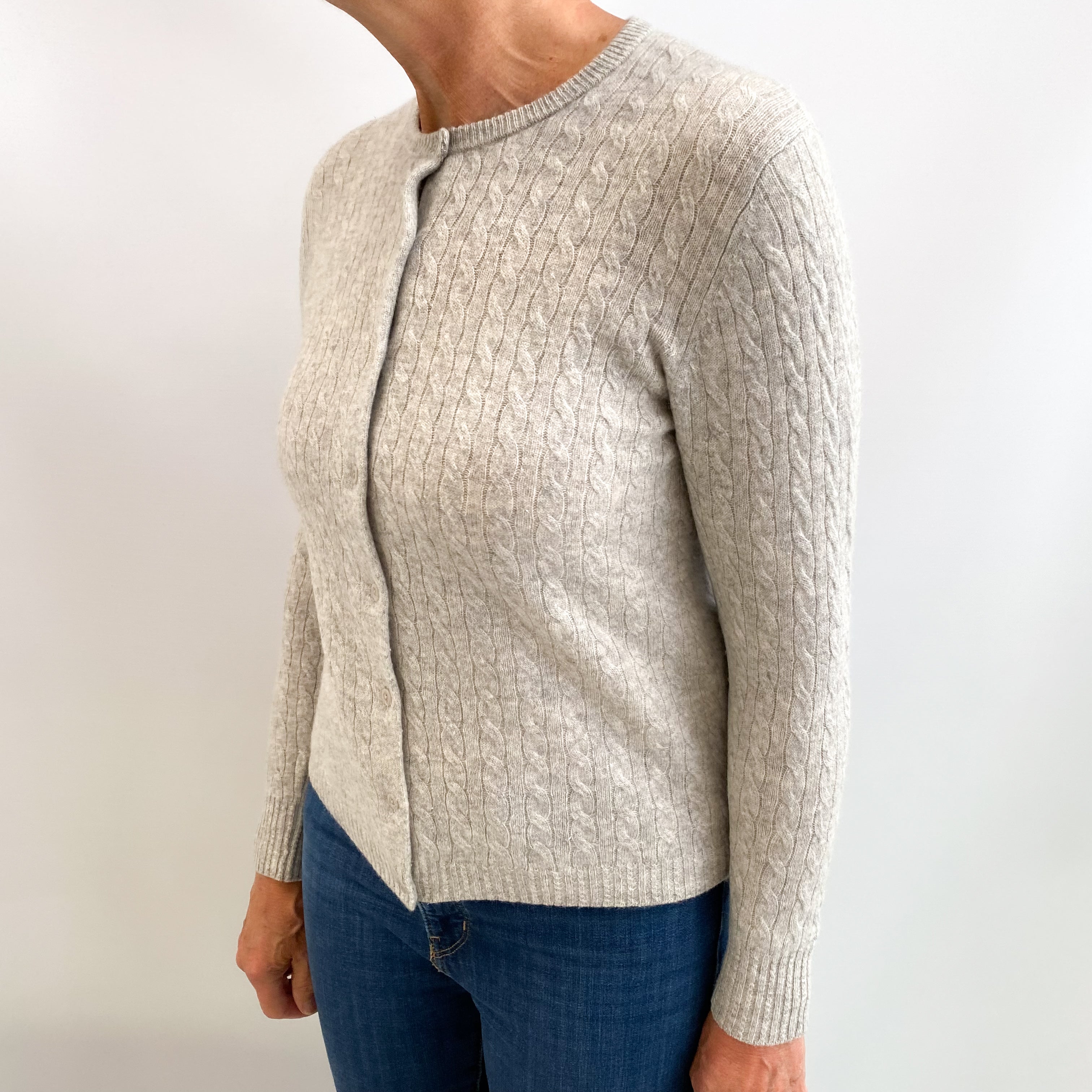 Smoke Grey Cashmere Crew Neck Cable Knit Cardigan Medium