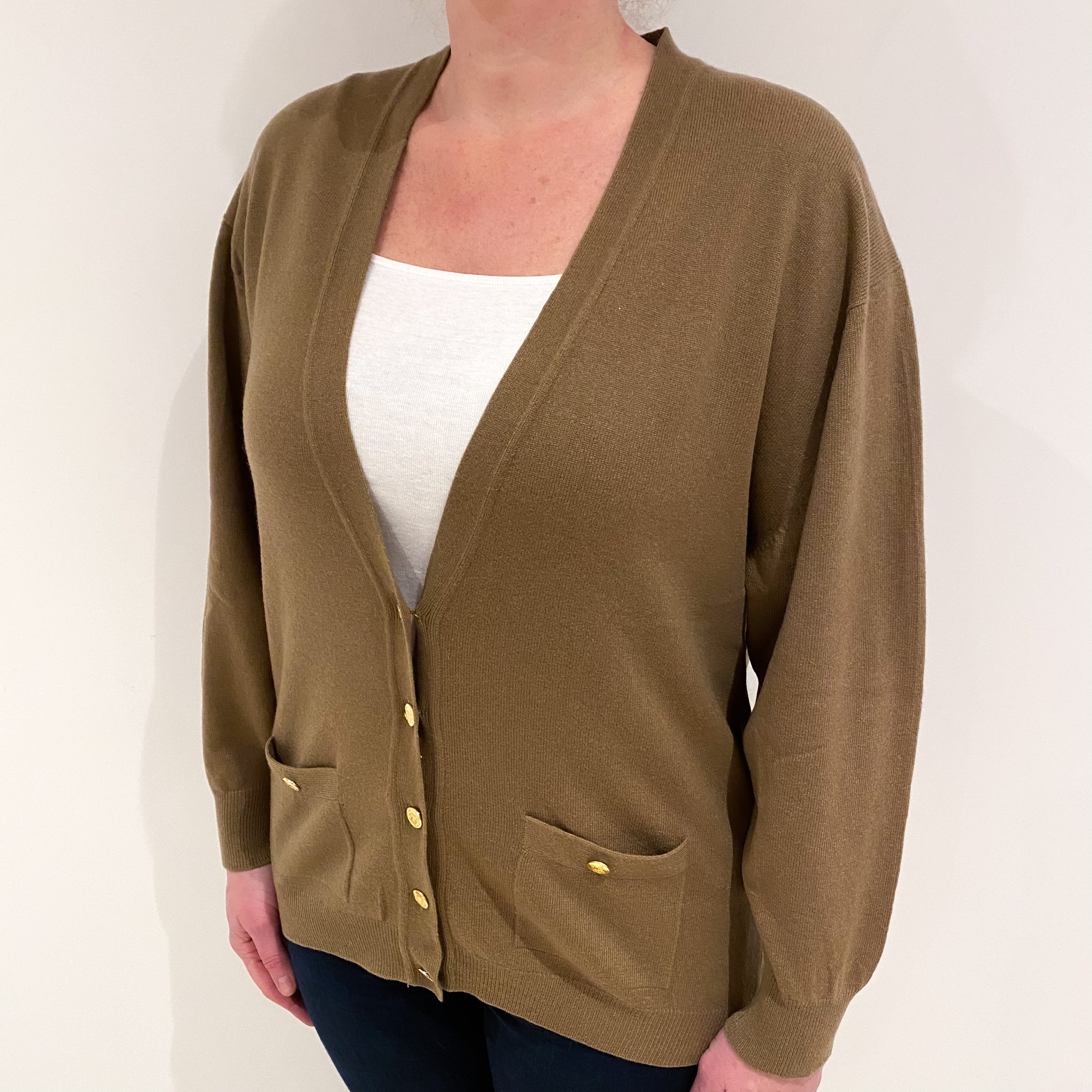 Dark Camel Brown Cashmere V Neck Cardigan with Pockets Large