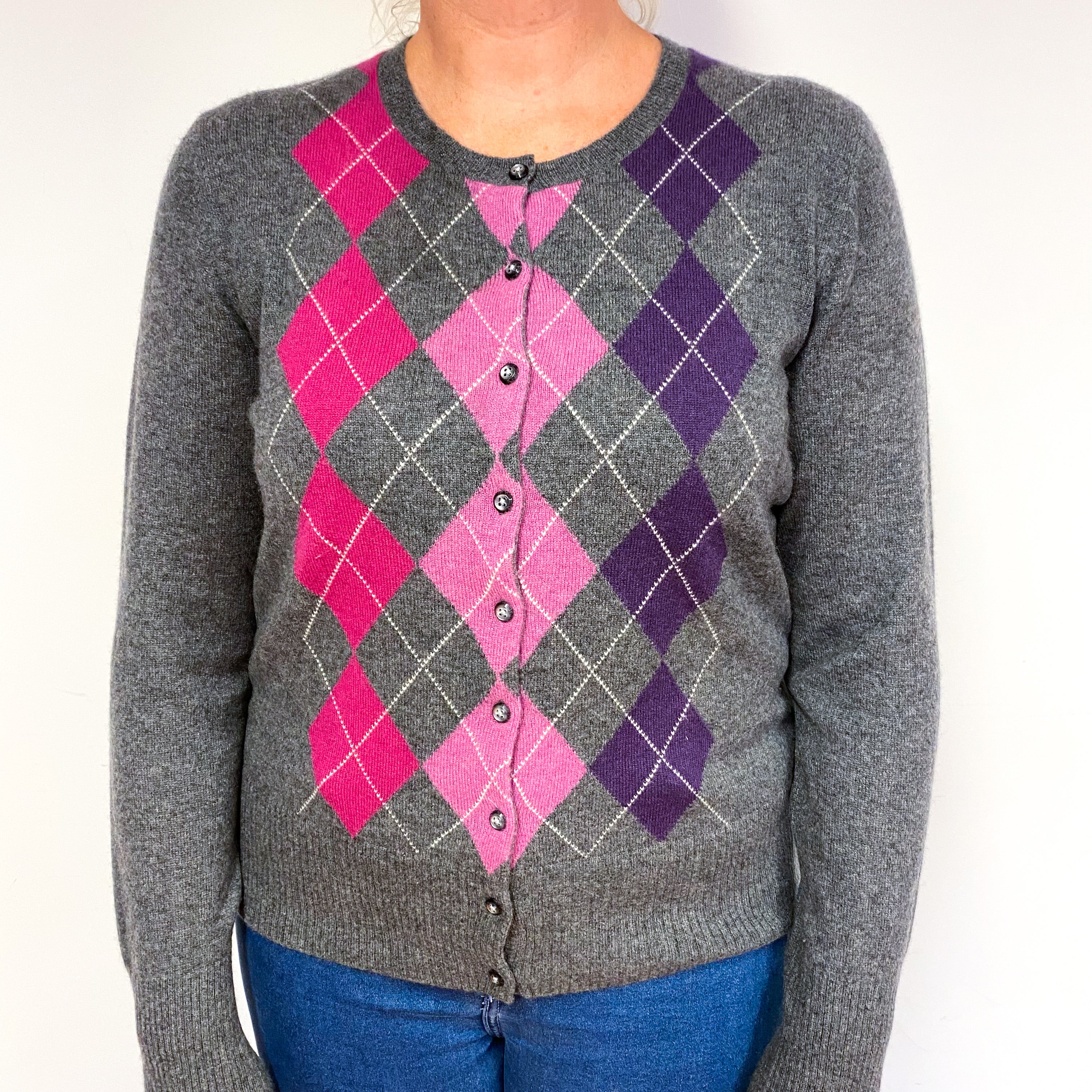 Slate Grey Pink Argyle Cashmere Crew Neck Cardigan Large