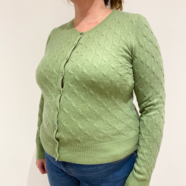 Pickle Green Cable Knit Cashmere Crew Neck Cardigan Extra Large