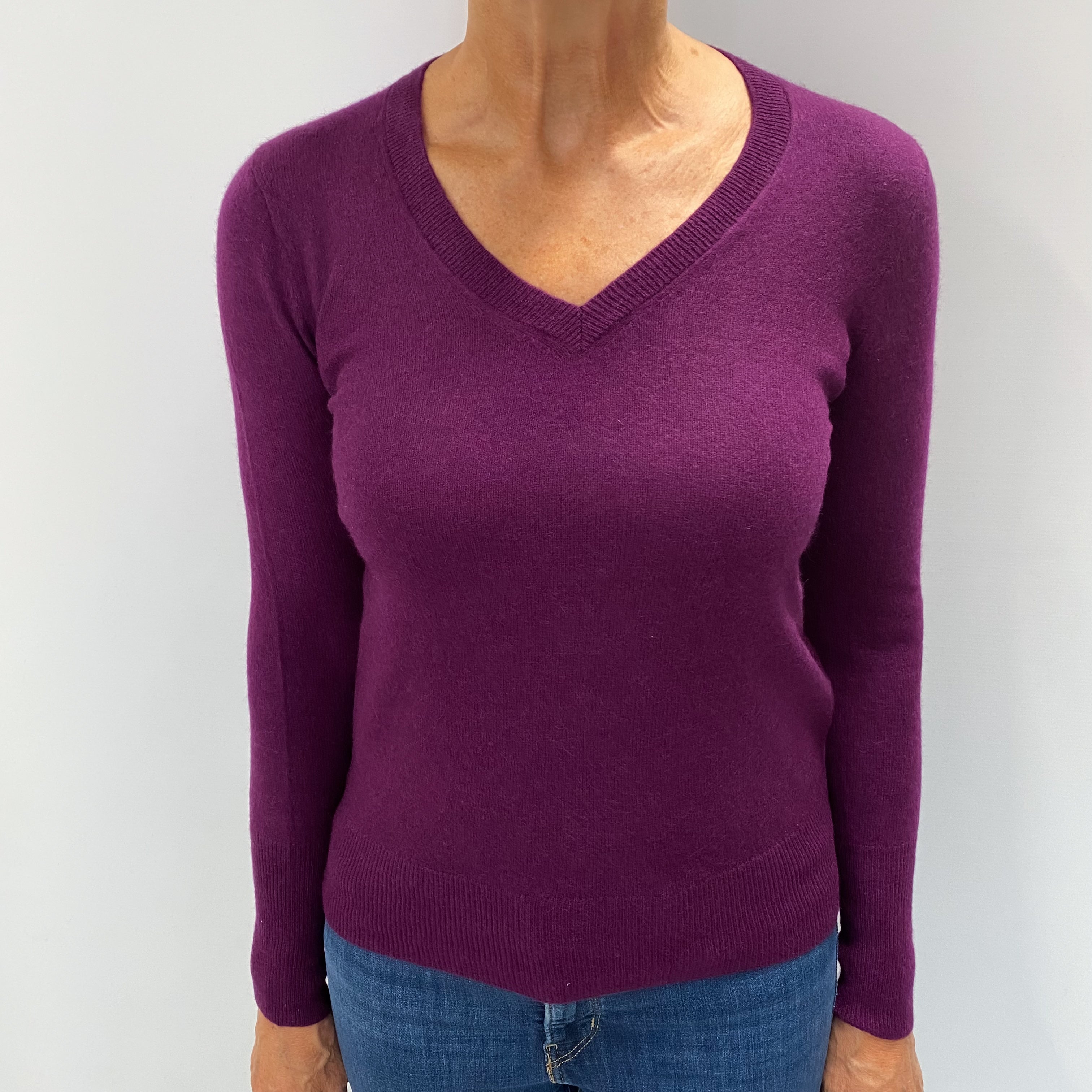 Aubergine Purple Cashmere V Neck Jumper Medium