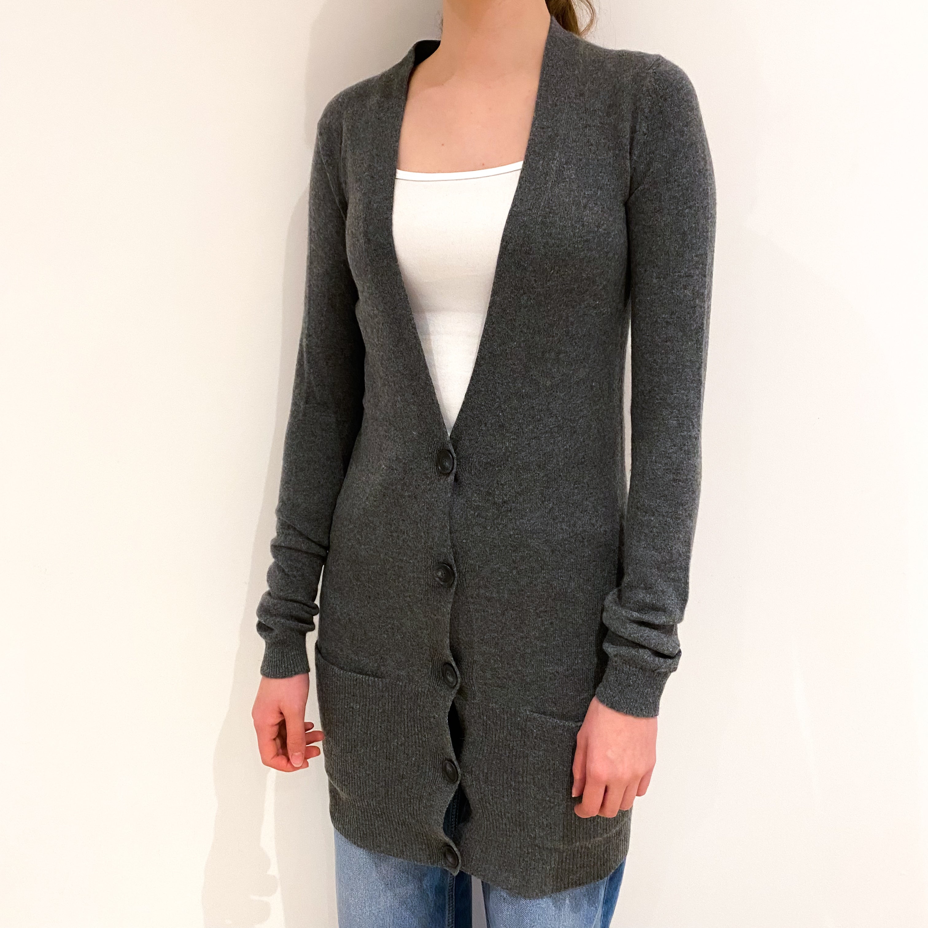 Slate Grey Cashmere Longline V-Neck Cardigan Extra Small