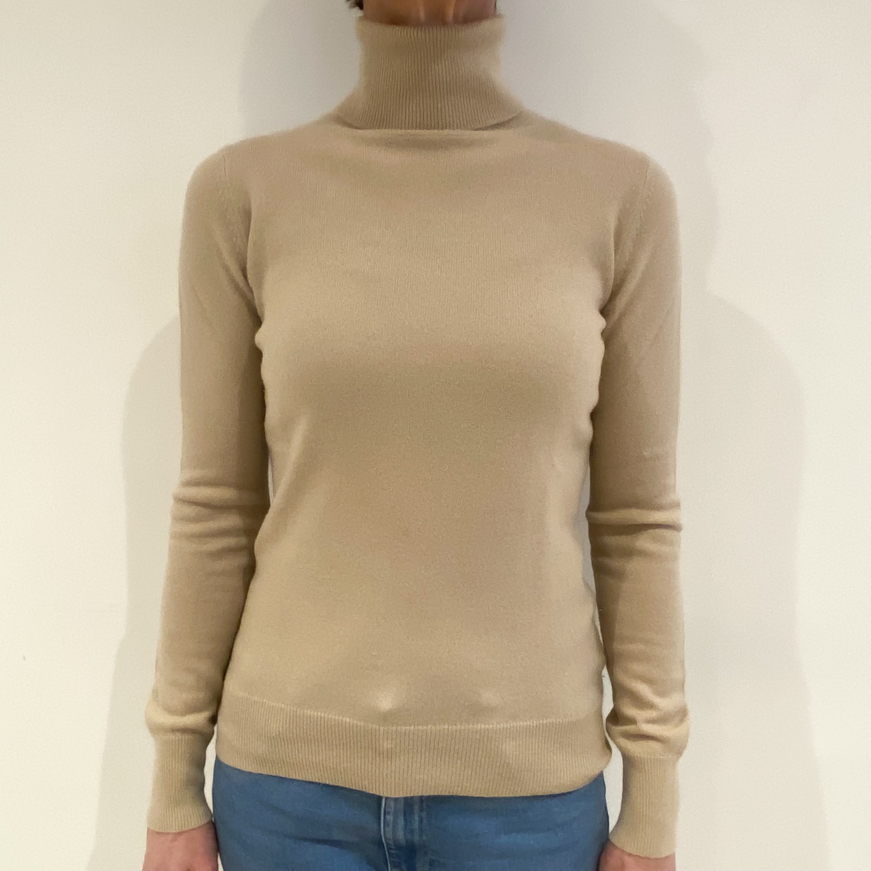 Buff Beige Cashmere Polo Neck Jumper Small