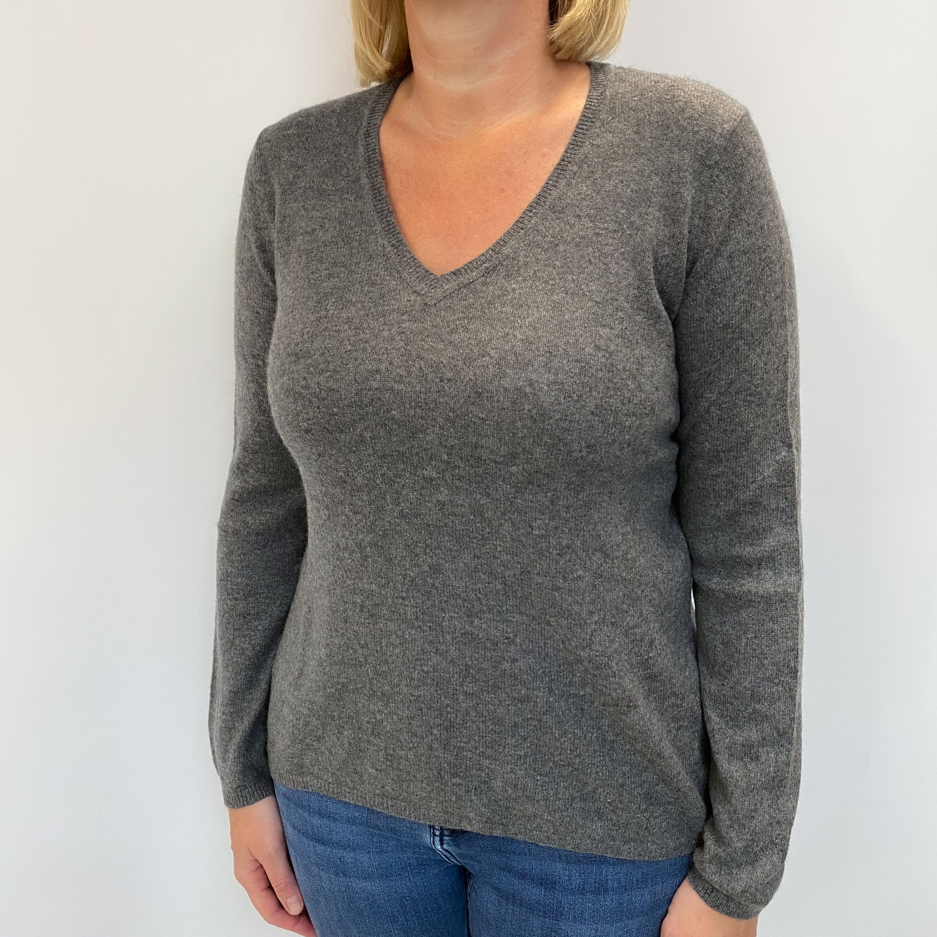 Slate Grey Cashmere V Neck Jumper Large