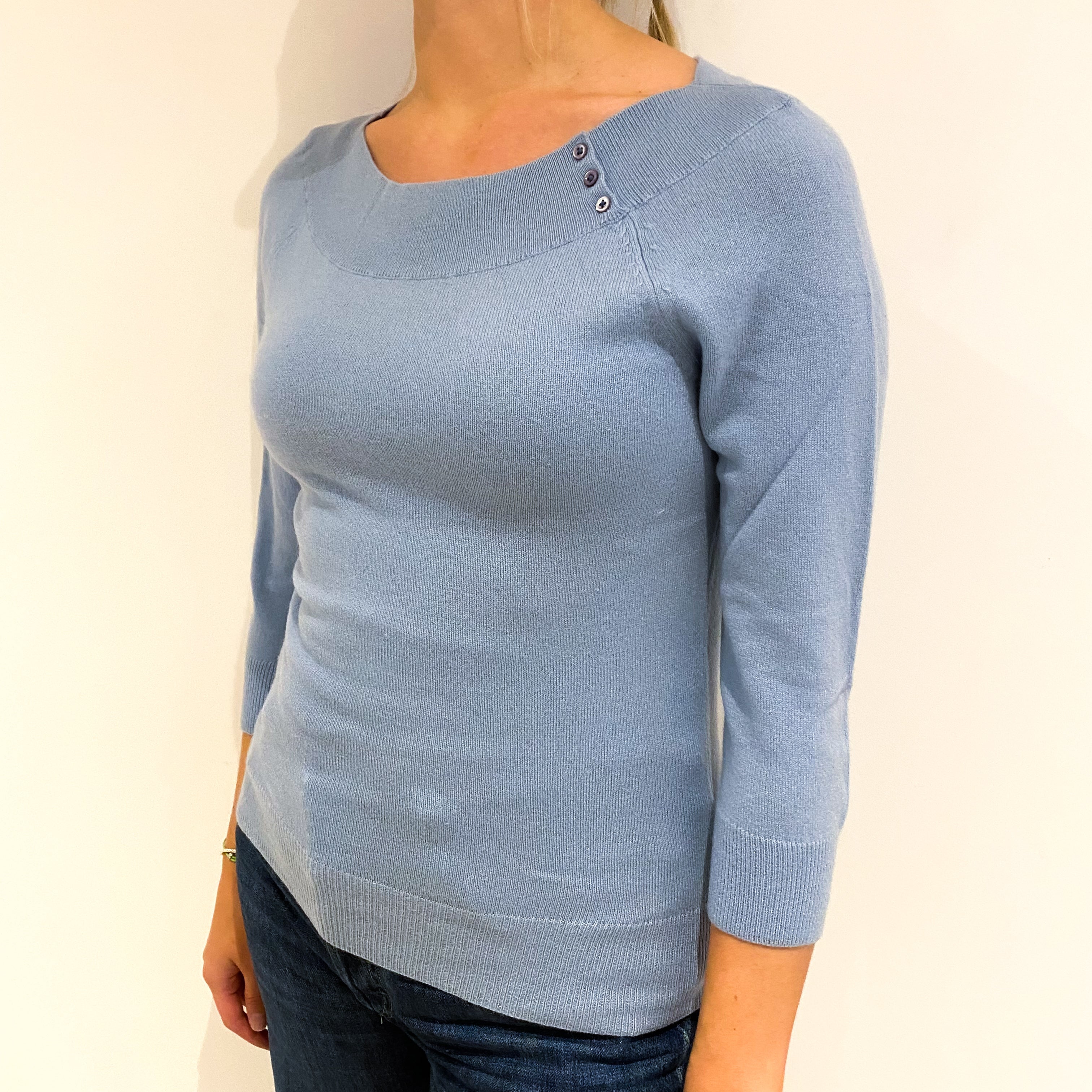 Powder Blue 3/4 Sleeve Cashmere Boat Neck Jumper Small