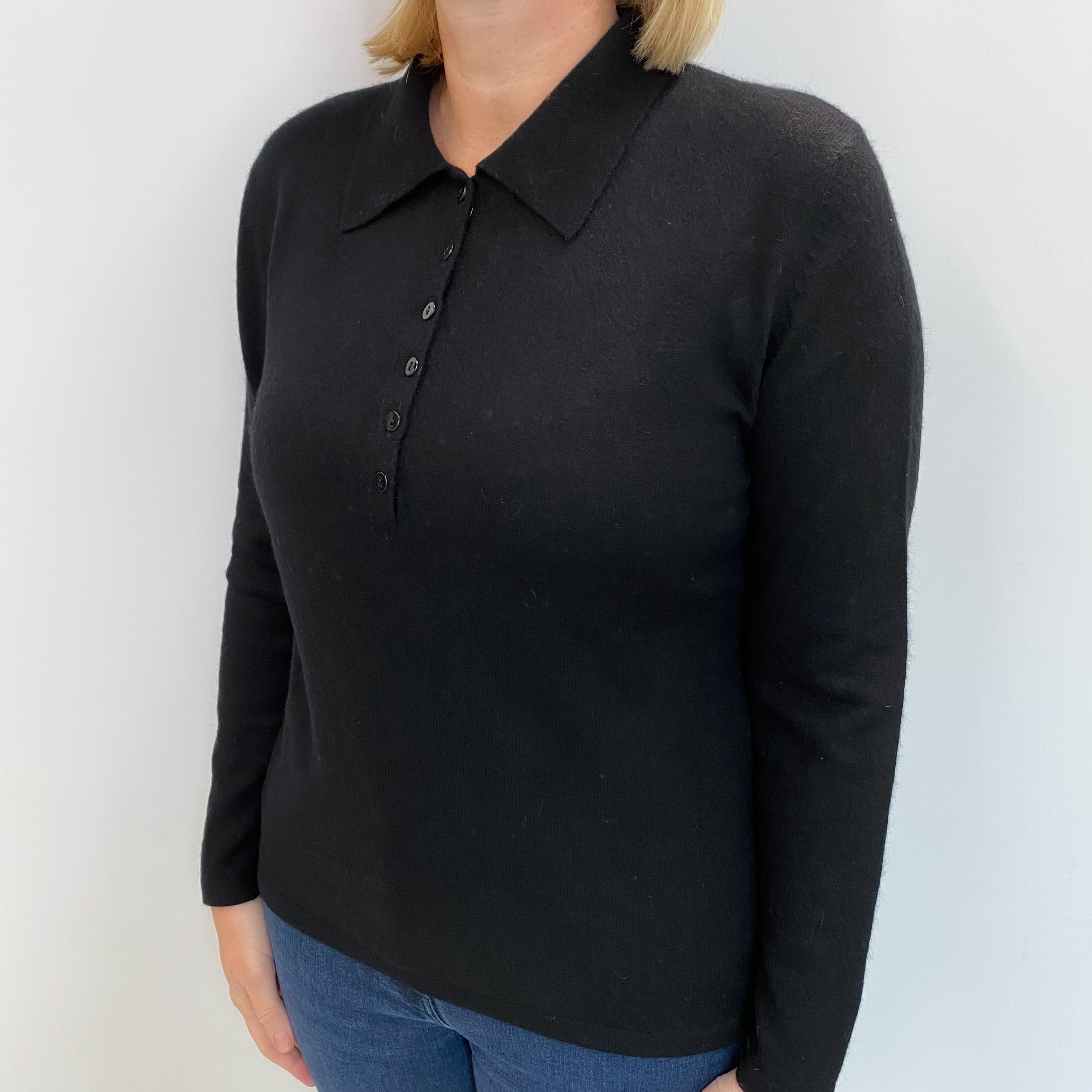 Black Cashmere Collared Button Up V Neck Jumper Large