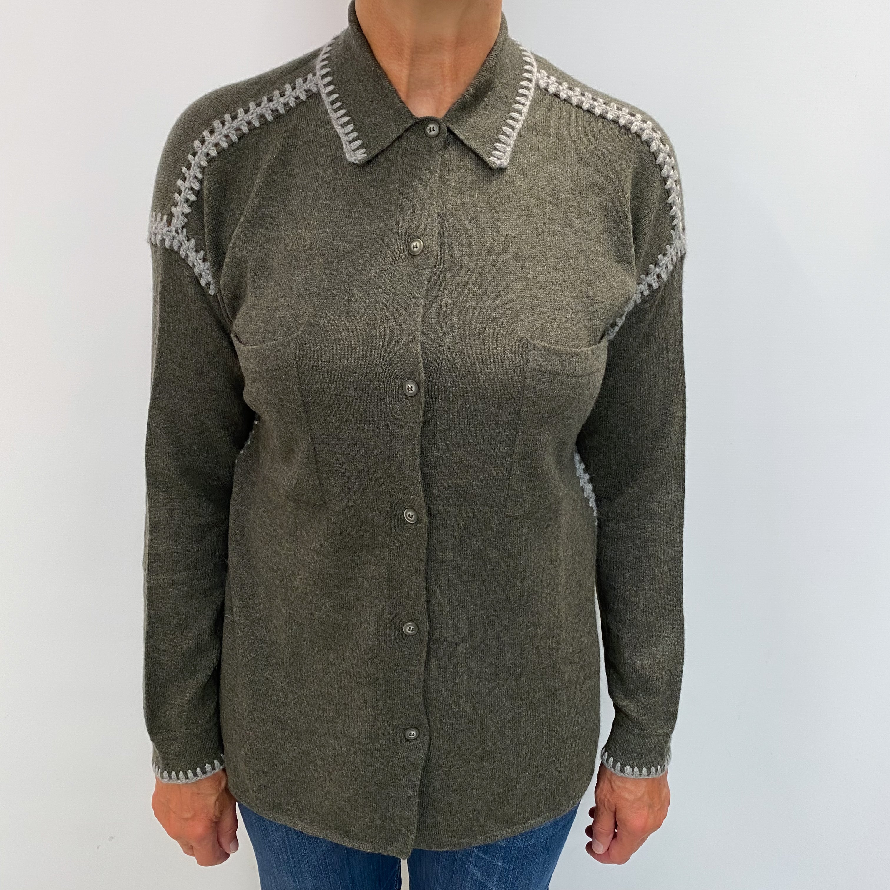 Johnny Was Khaki Green Cashmere Collared Crew Neck Cardigan Medium