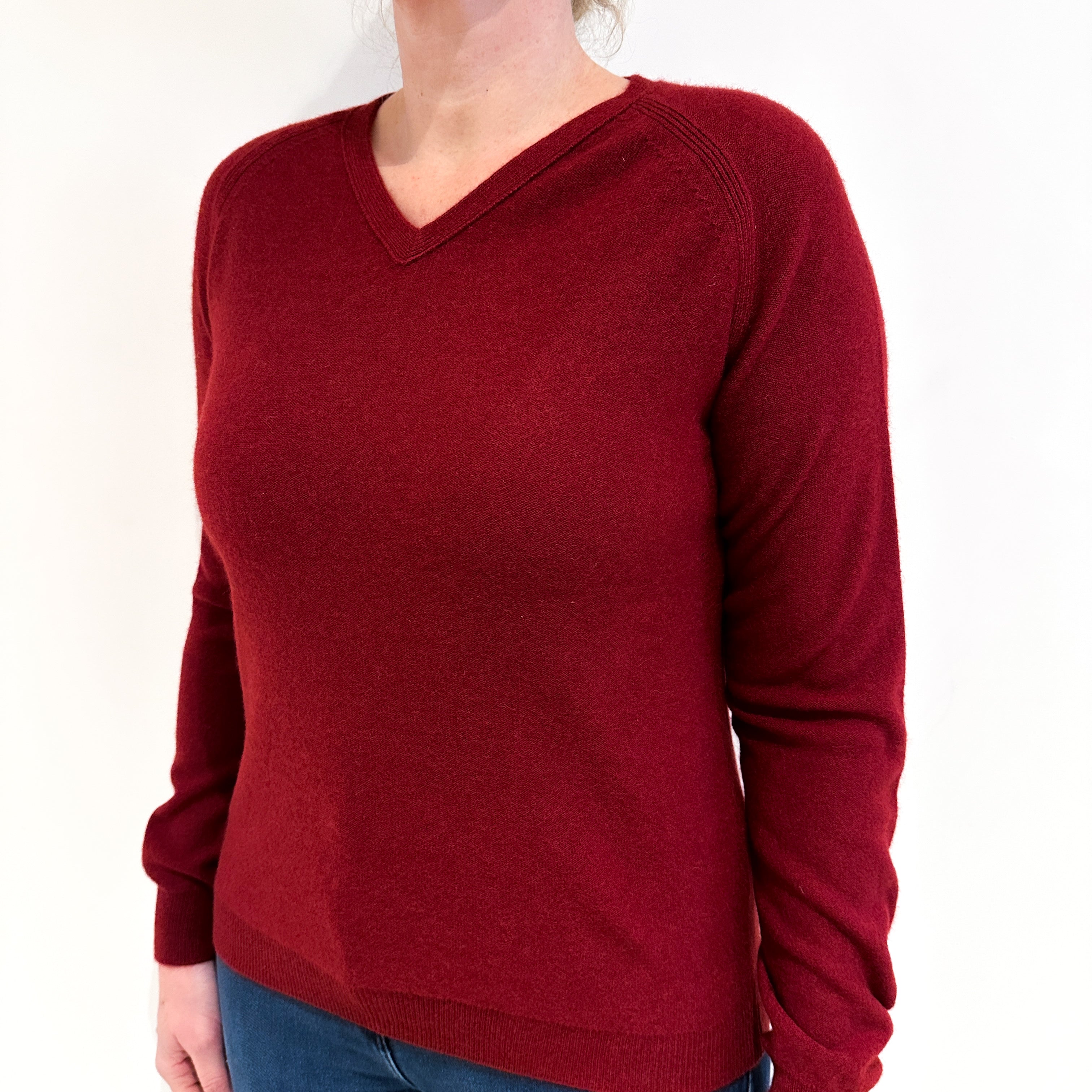 Burgundy Red Cashmere V Neck Jumper Large