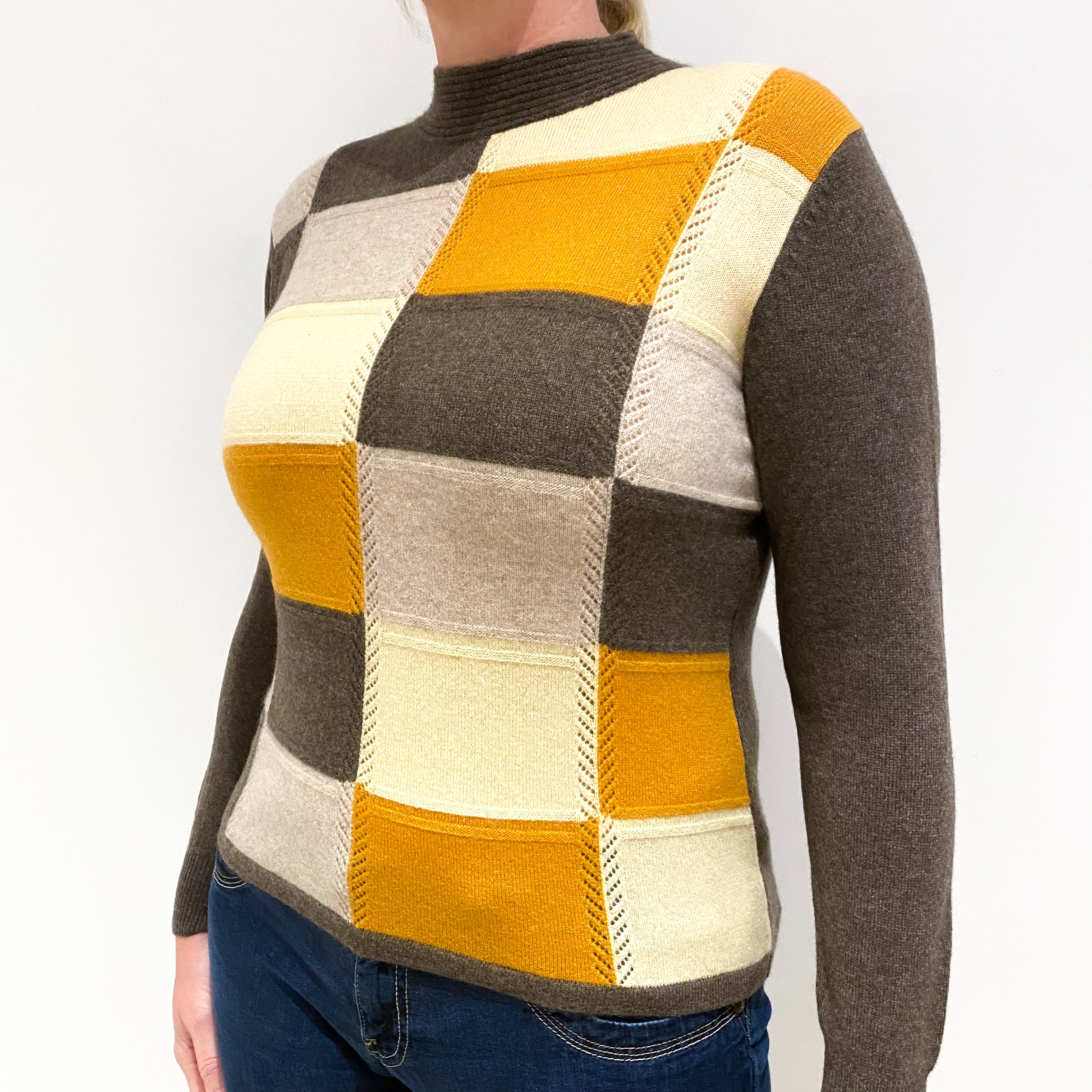Brown, Cream and Yellow Patchwork Front Cashmere Turtle Neck Jumper Large