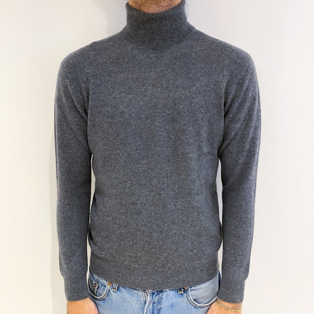 Men's Yorn Slate Grey Cashmere Polo Neck Jumper Medium