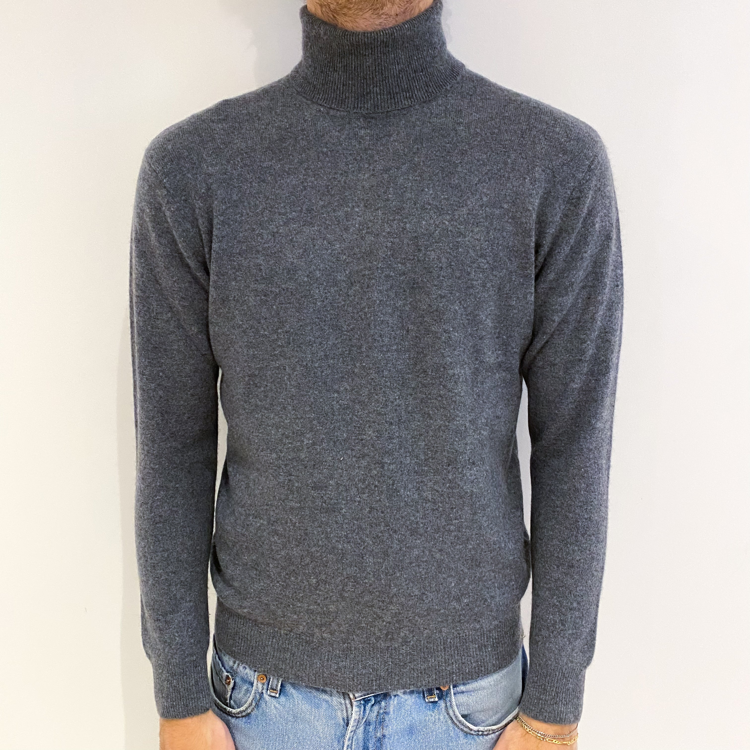 Men's Yorn Slate Grey Cashmere Polo Neck Jumper Medium
