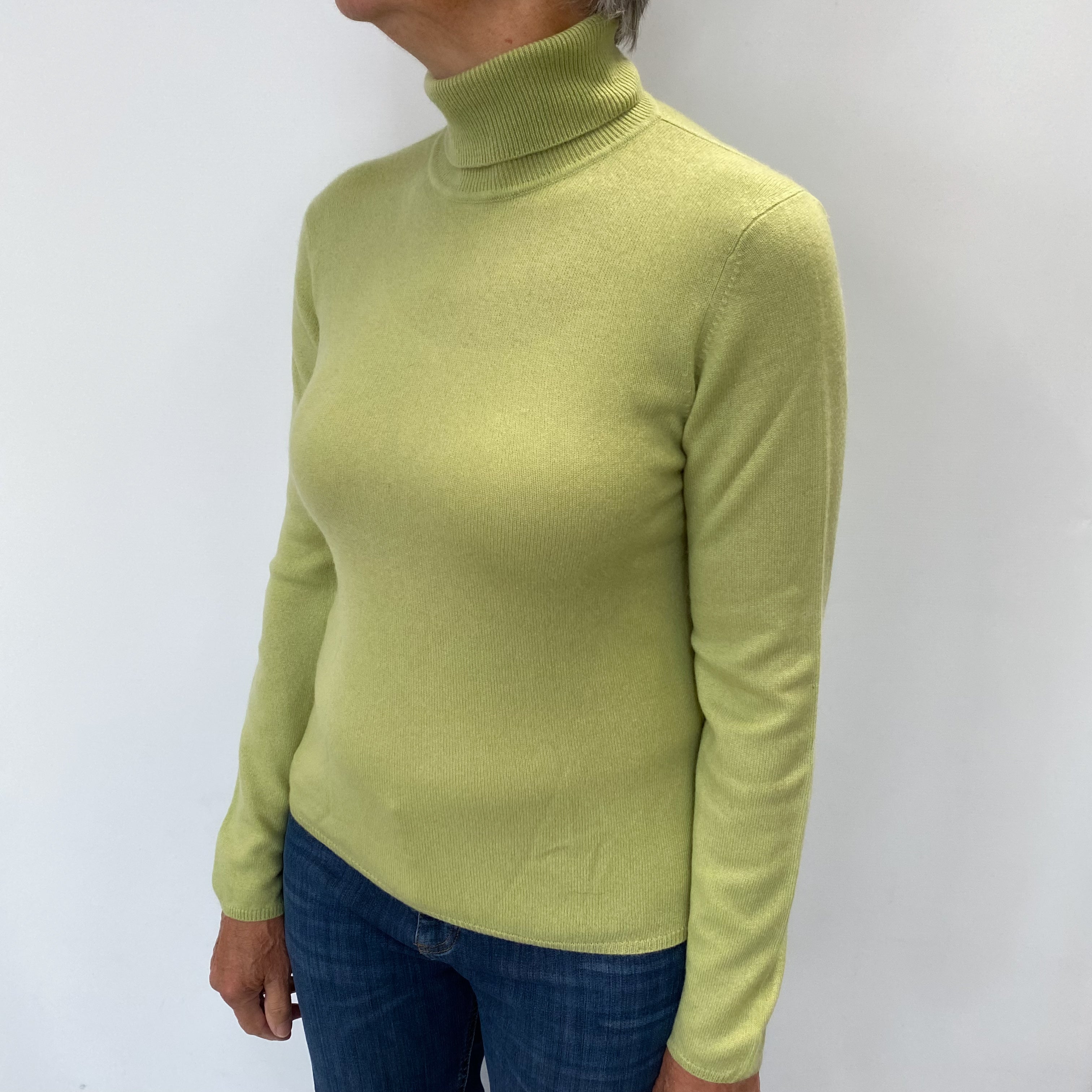 Soft Lime Green Cashmere Polo Neck Jumper Medium