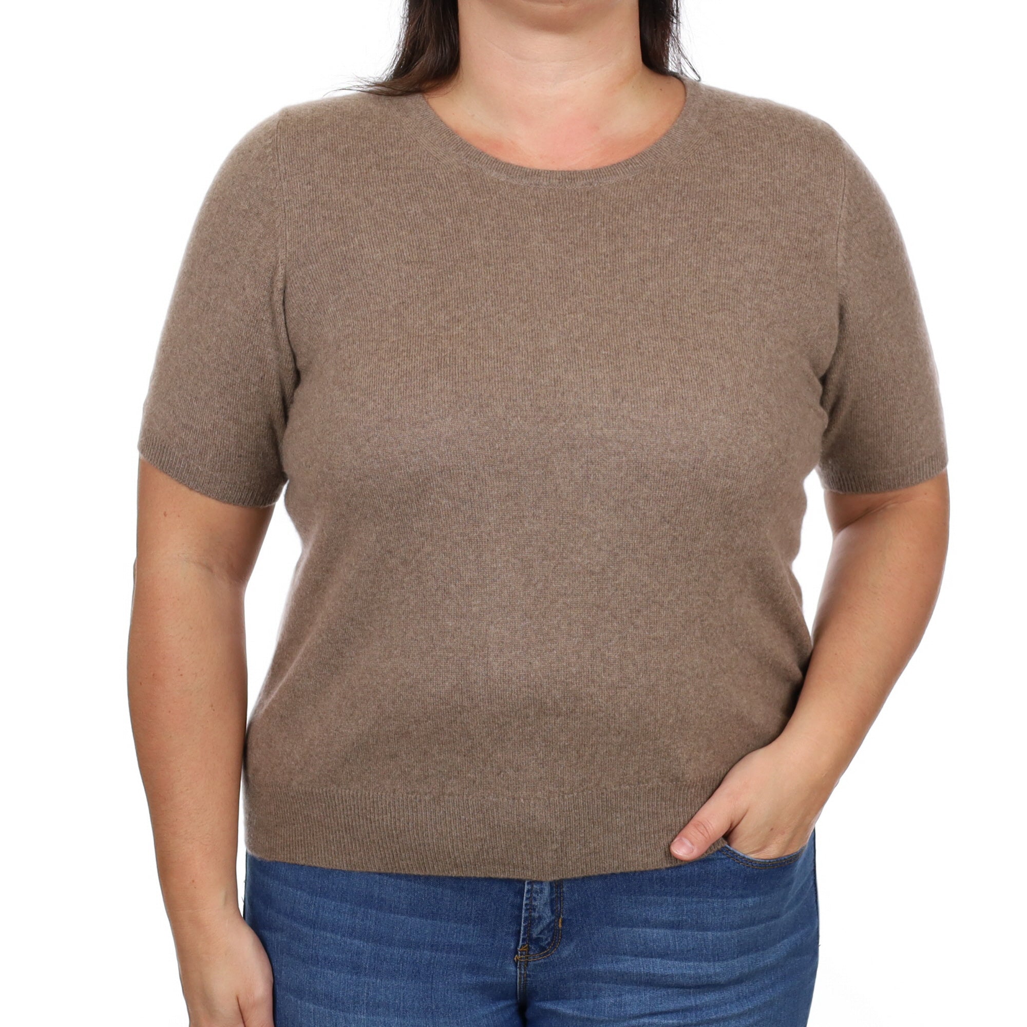Biscuit Brown Cashmere Crew Neck Short Sleeved Jumper Large