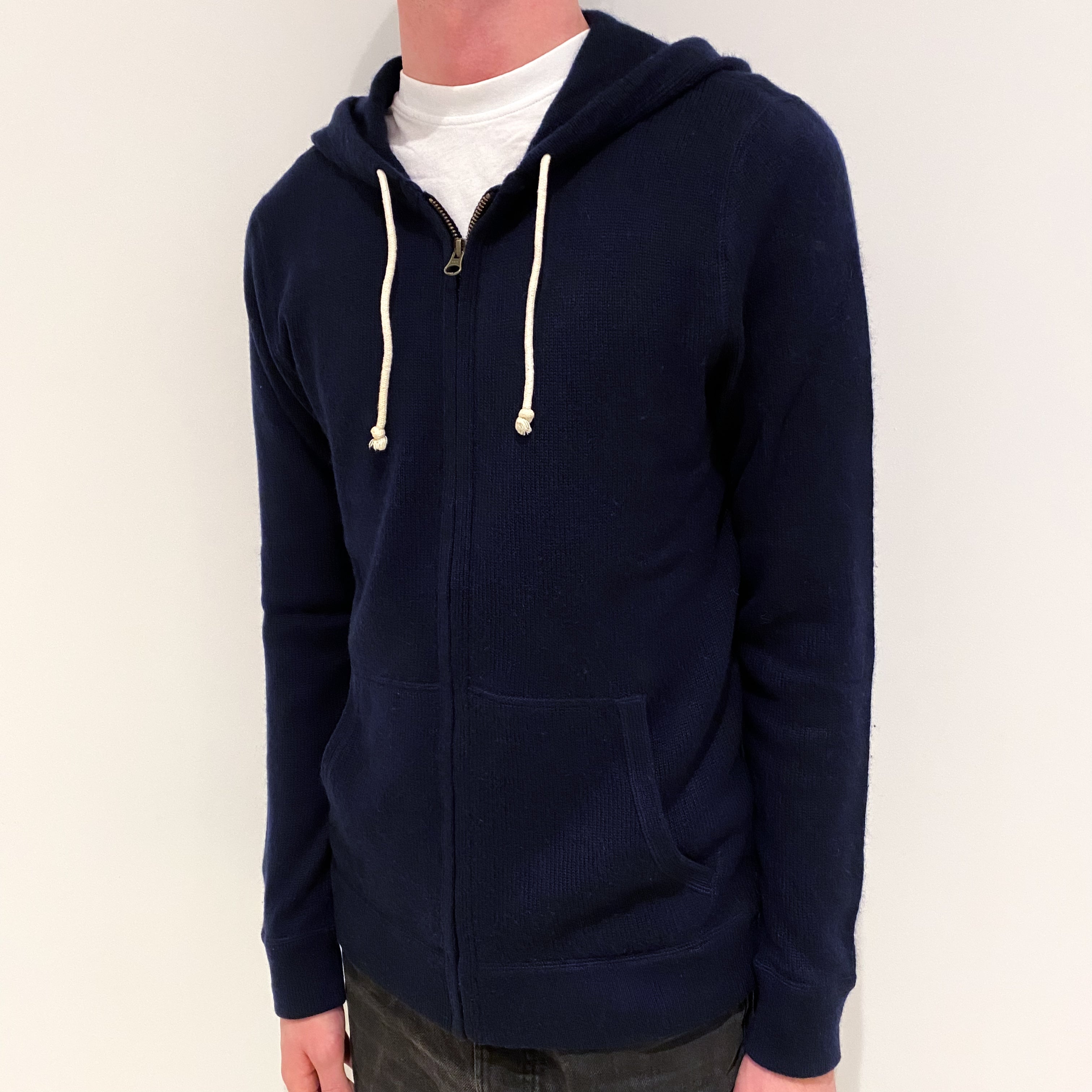 Men's Navy Blue Cashmere Zip Up Hoodie Jumper Small