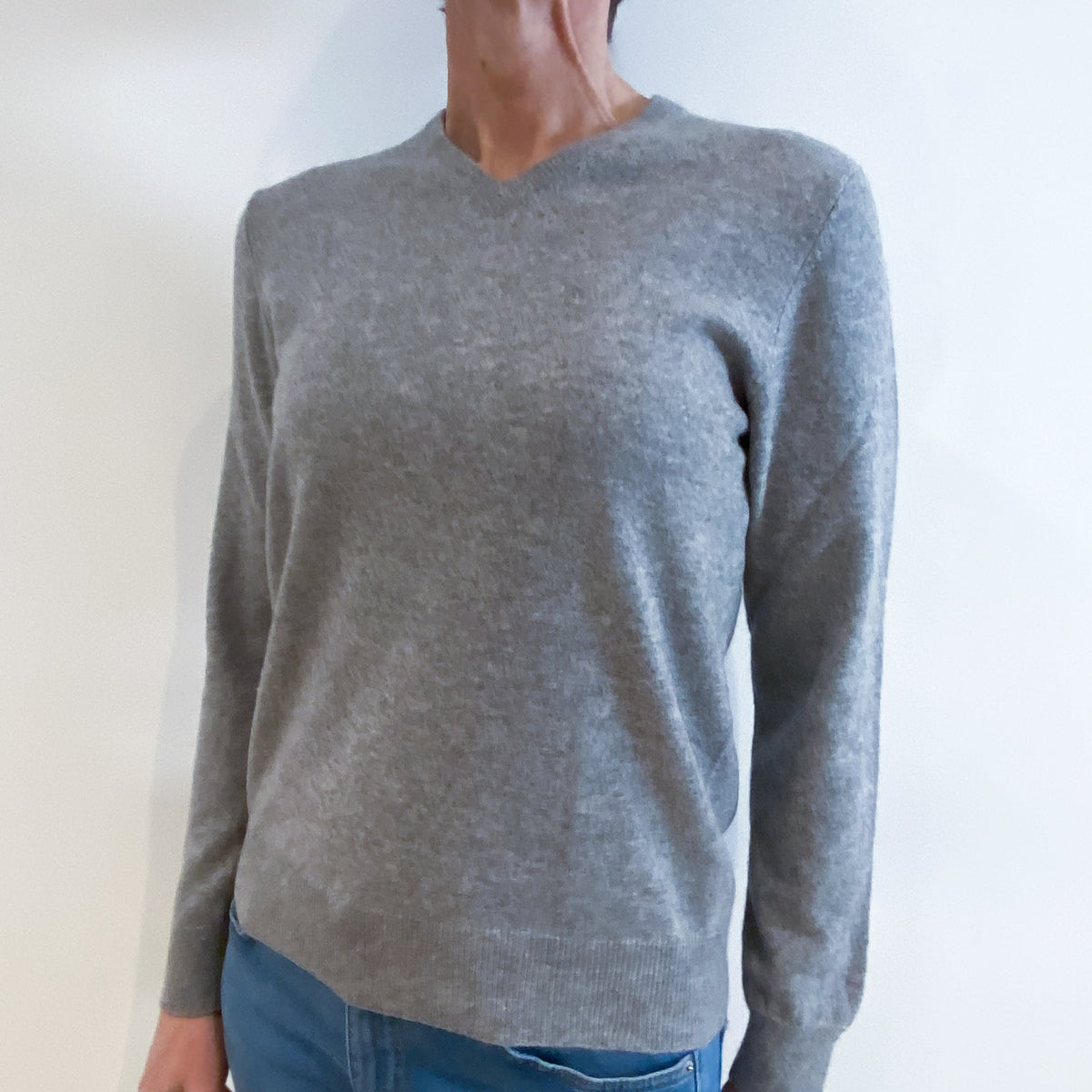 Smoke Grey Cashmere V Neck Jumper Small