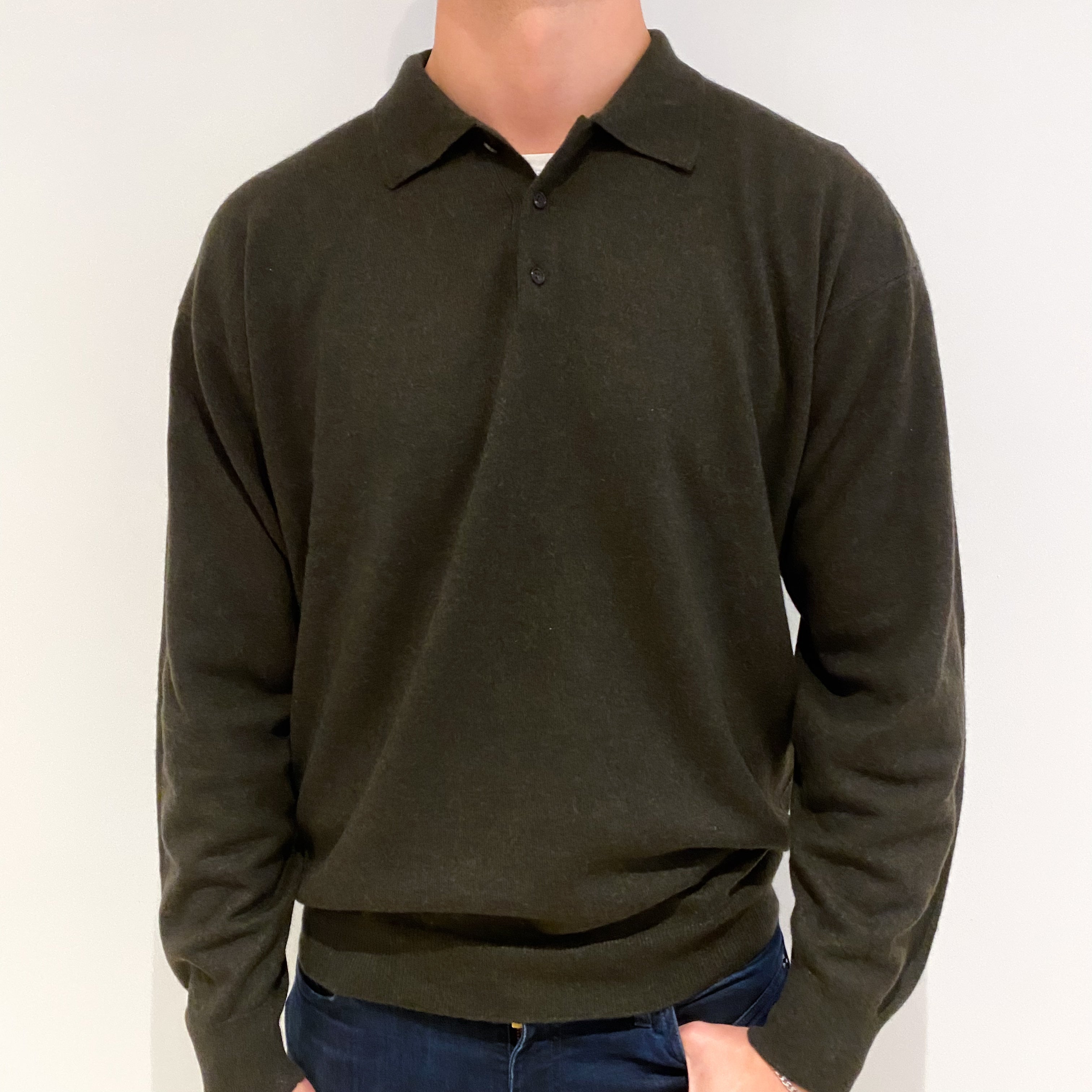 Men's Deep Khaki Brown Cashmere 1/4 Button Jumper Extra Extra Large