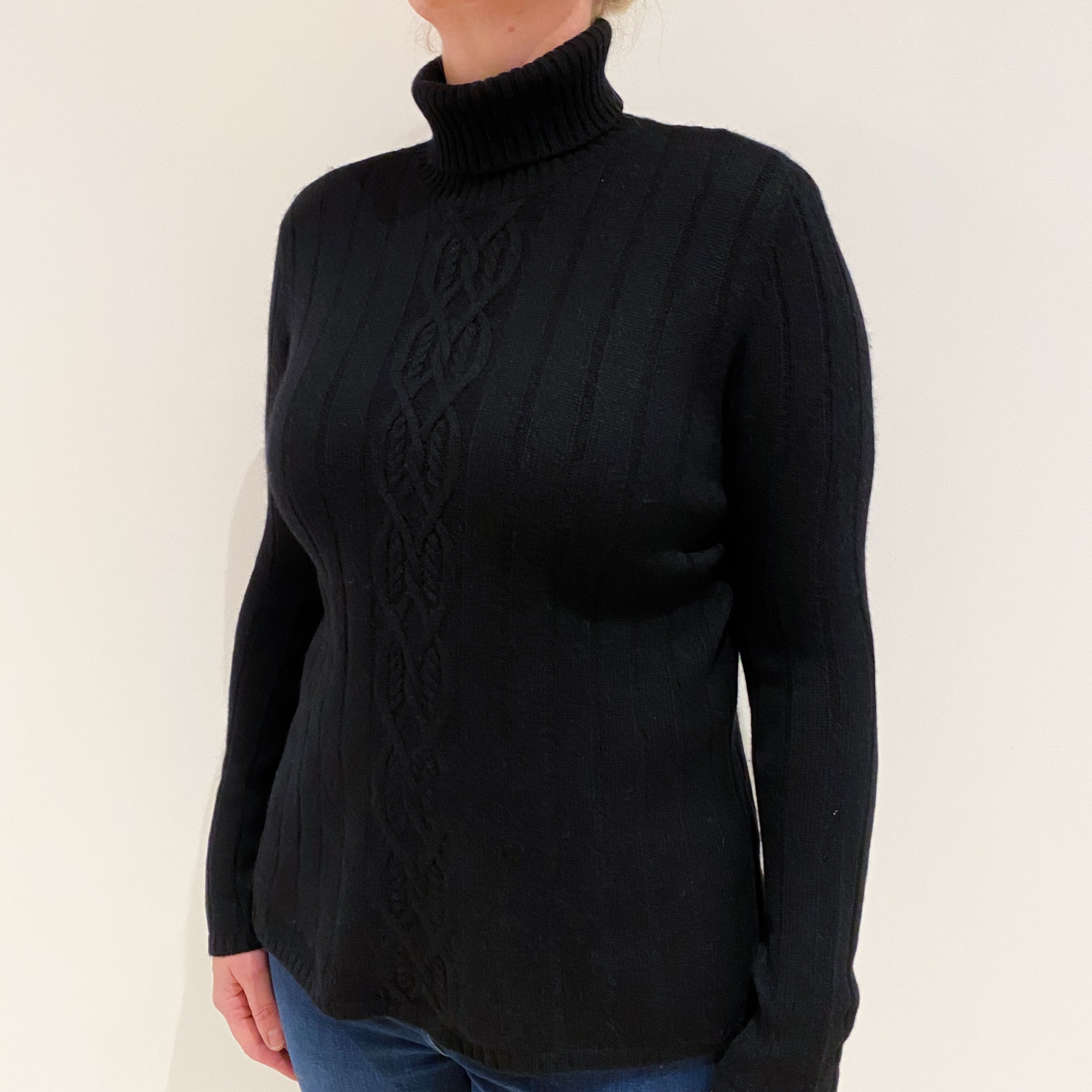 Black Cable Front Cashmere Polo Neck Jumper Large