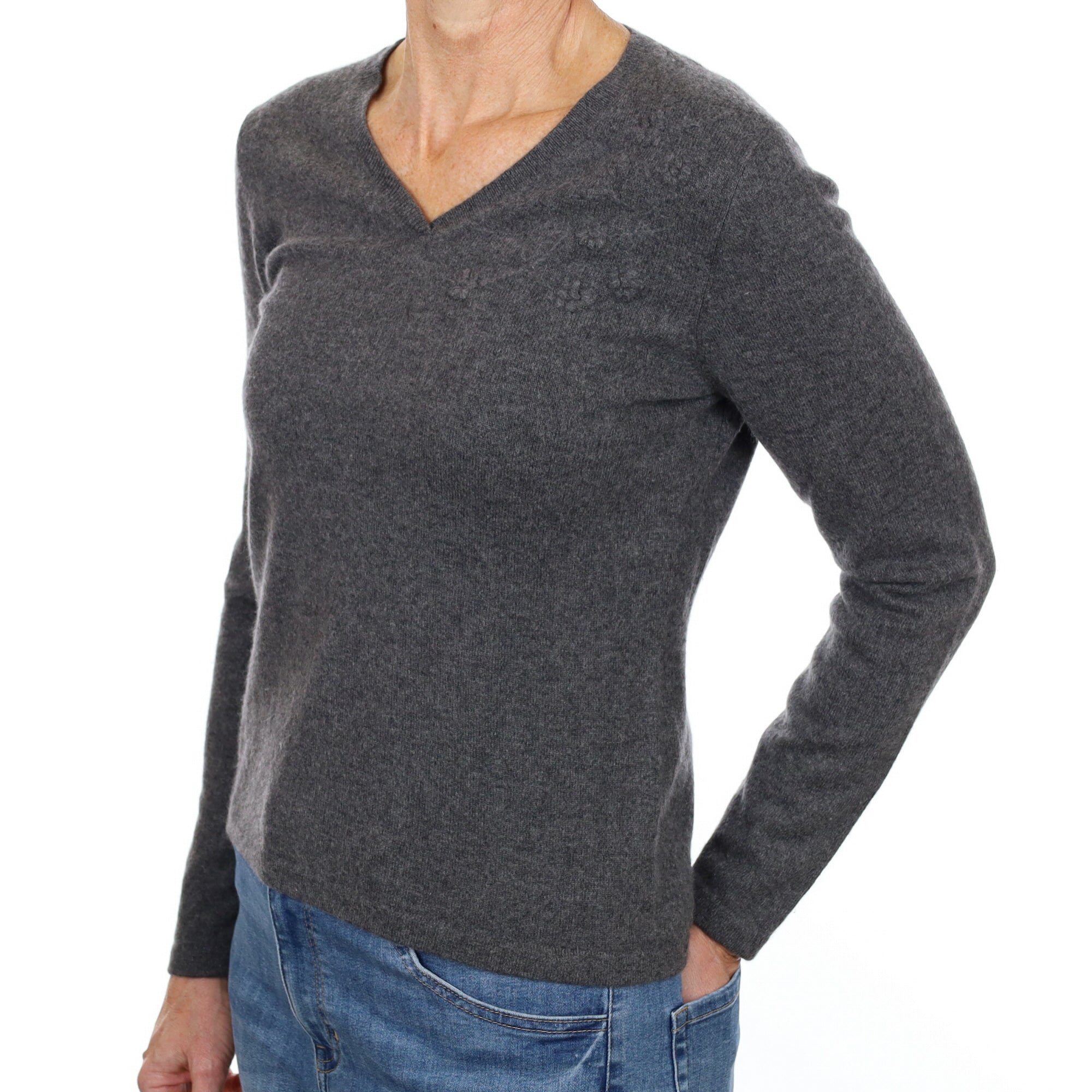 Slate Grey Cashmere V Neck Jumper Small