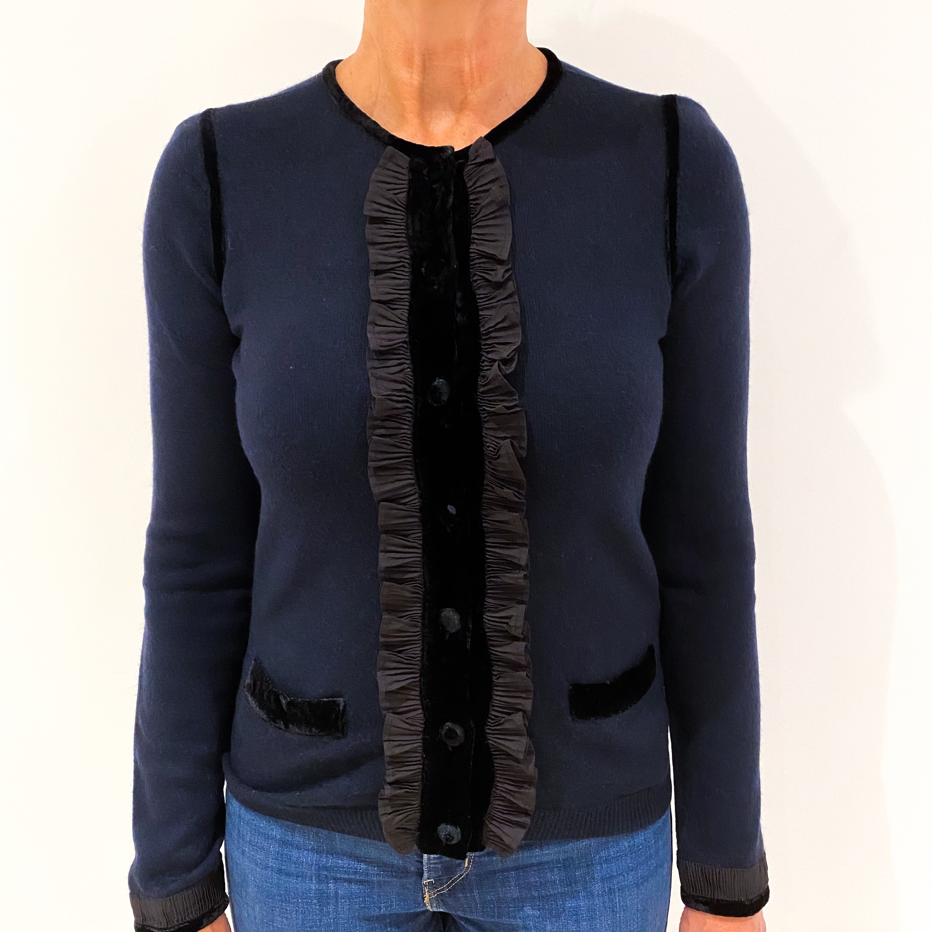 Navy Blue Ruffle Front Cashmere Crew Neck Cardigan Medium