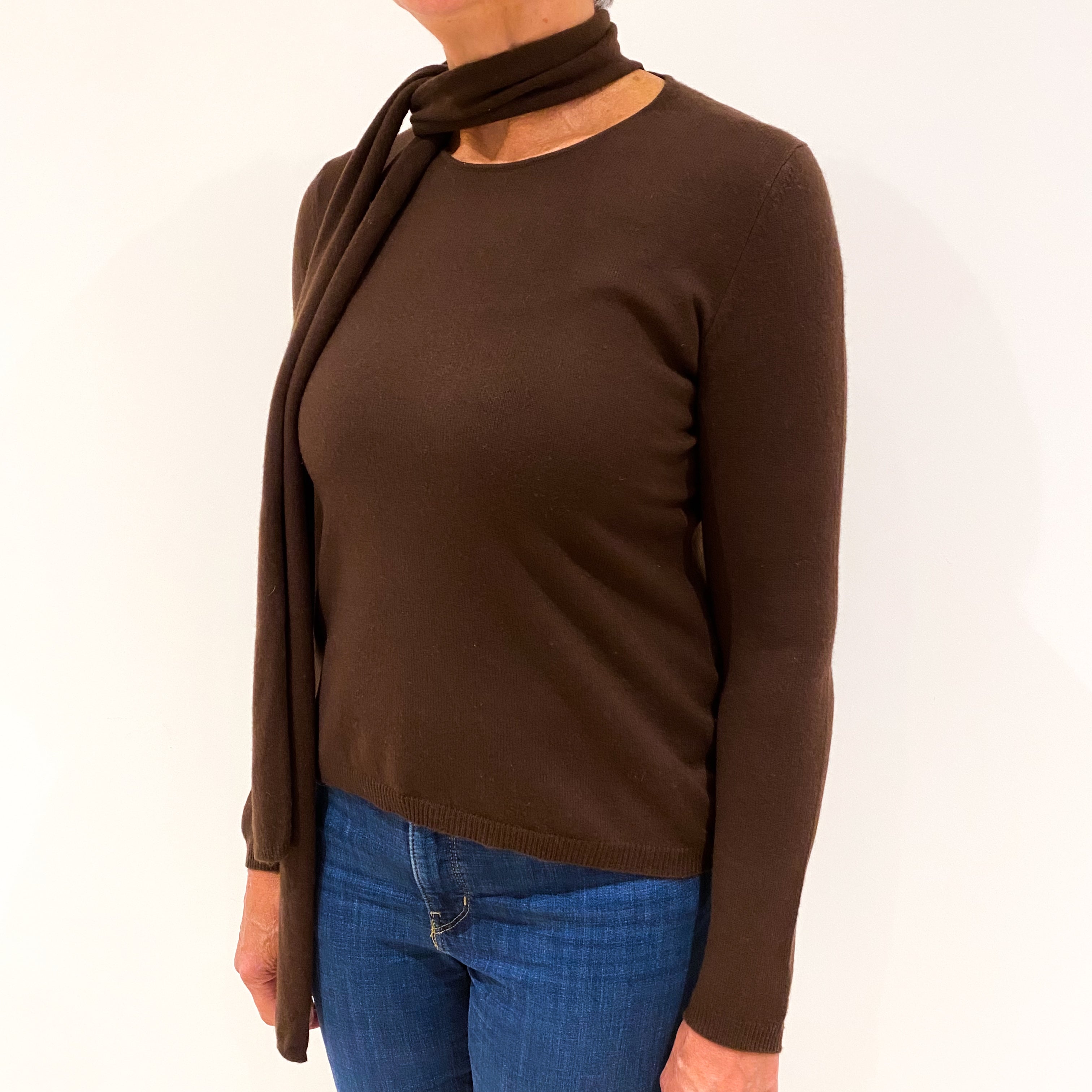 Chocolate Brown Cashmere Crew Neck Jumper with Tie Medium
