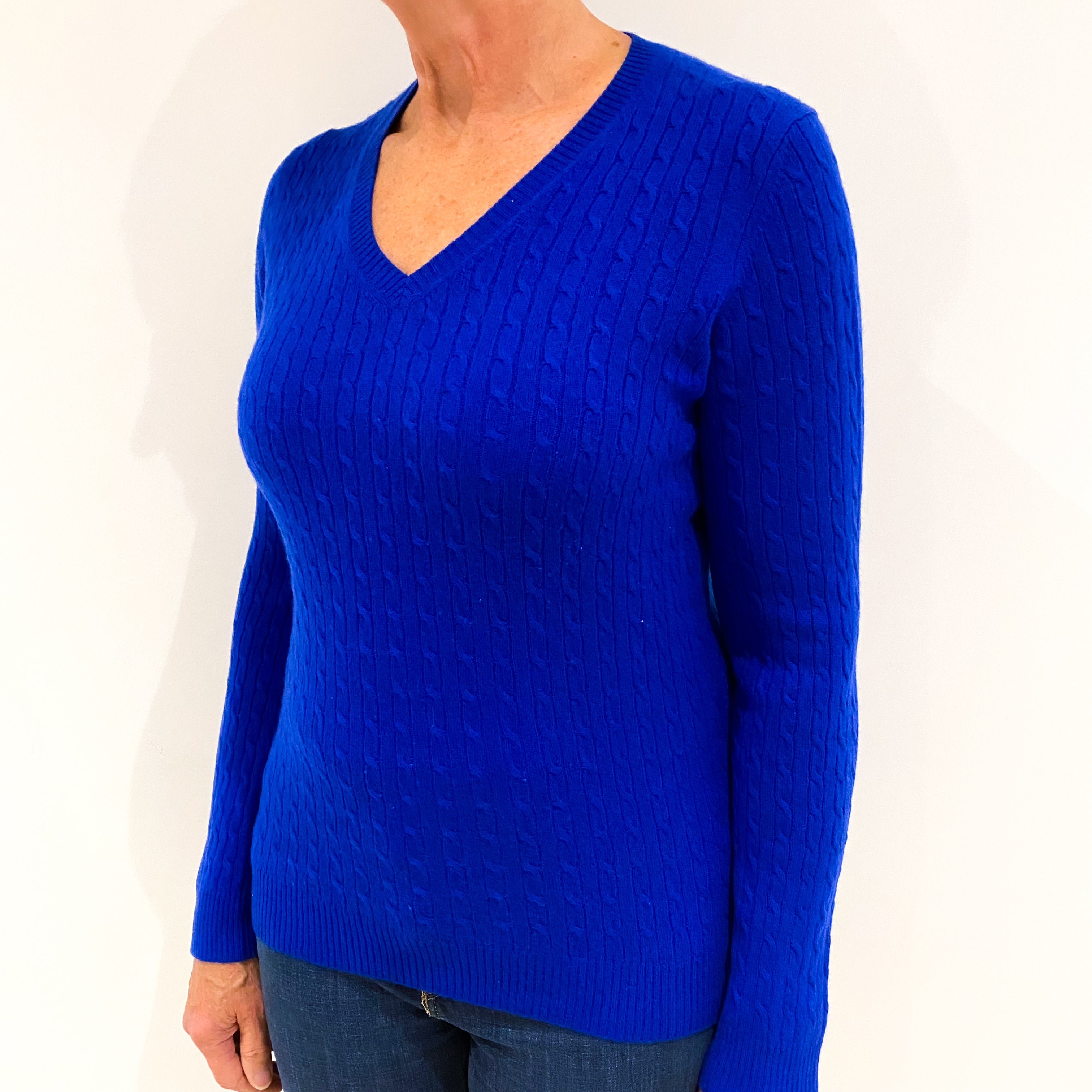 Cobalt Blue Cable Knit Cashmere V-Neck Jumper Medium