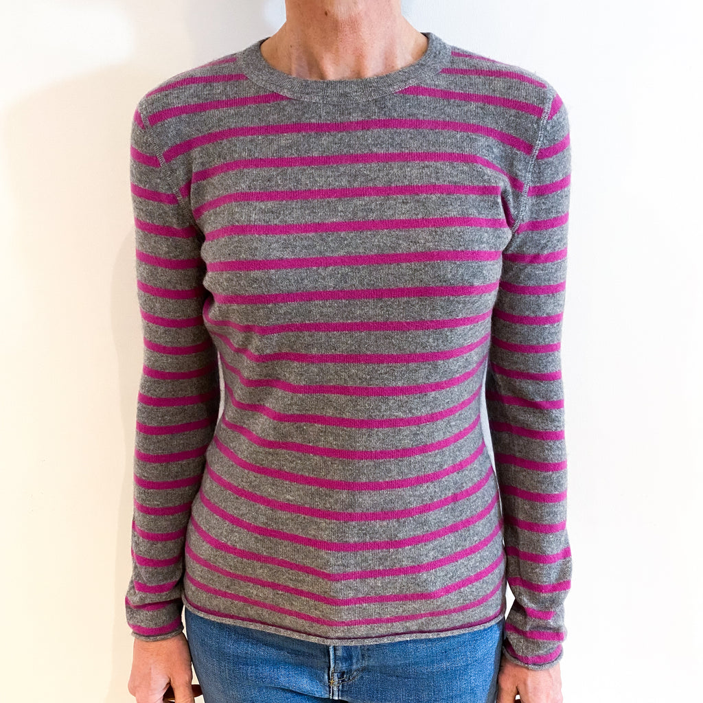 Grey and Magenta Stripe Cashmere Crew Neck Jumper Small
