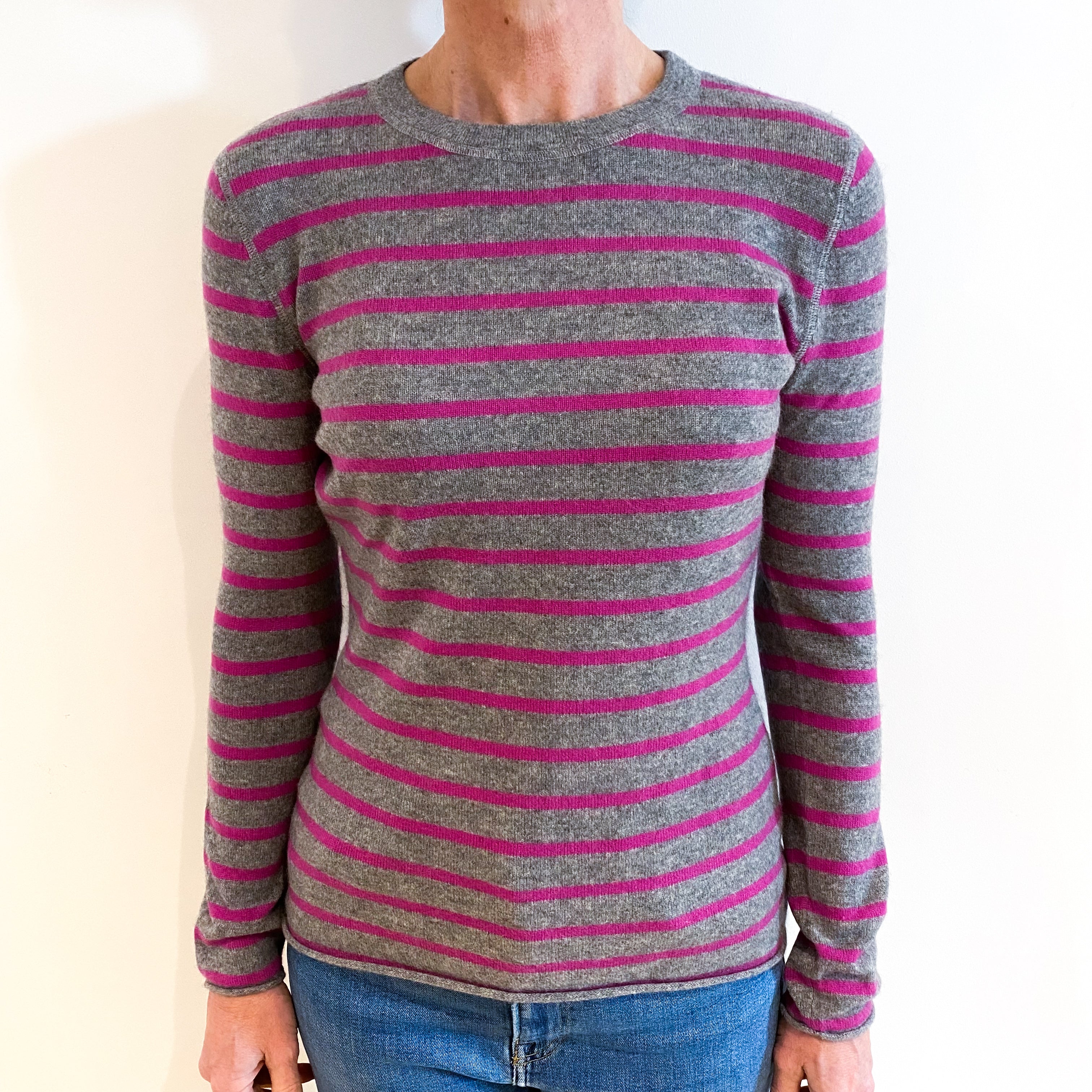 Grey and Magenta Stripe Cashmere Crew Neck Jumper Small