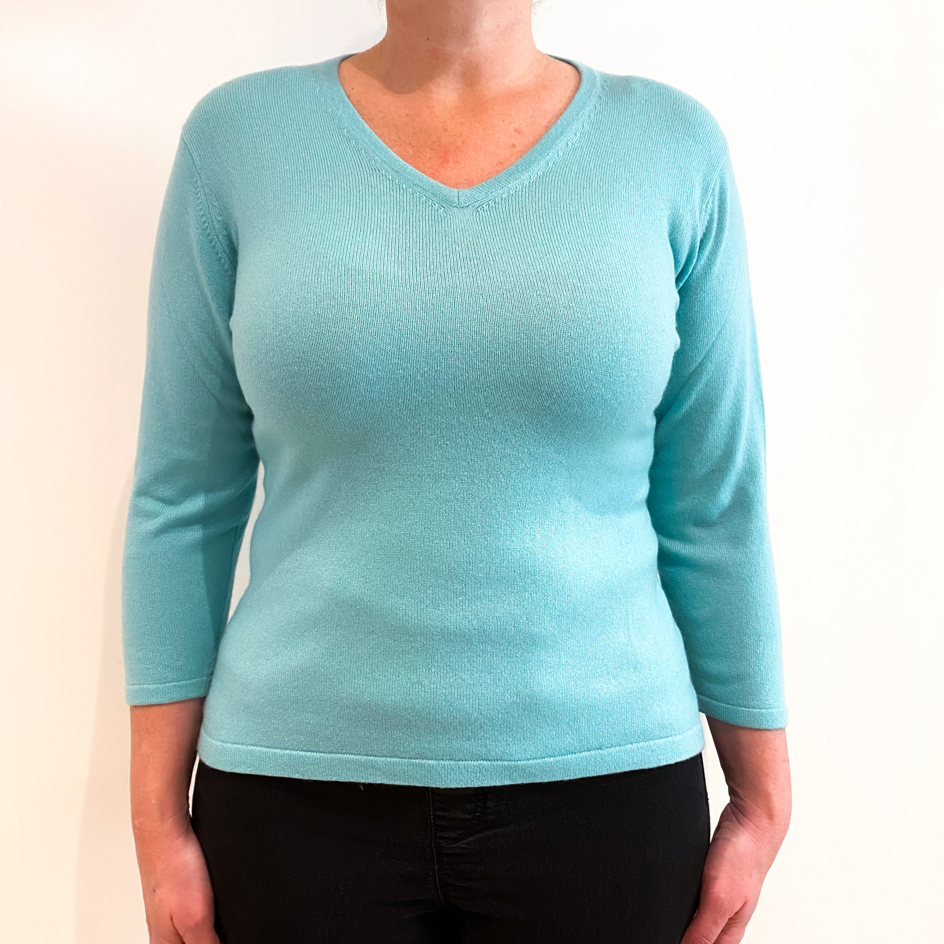 Aqua Blue 3/4 Sleeve Cashmere V-Neck Jumper Large