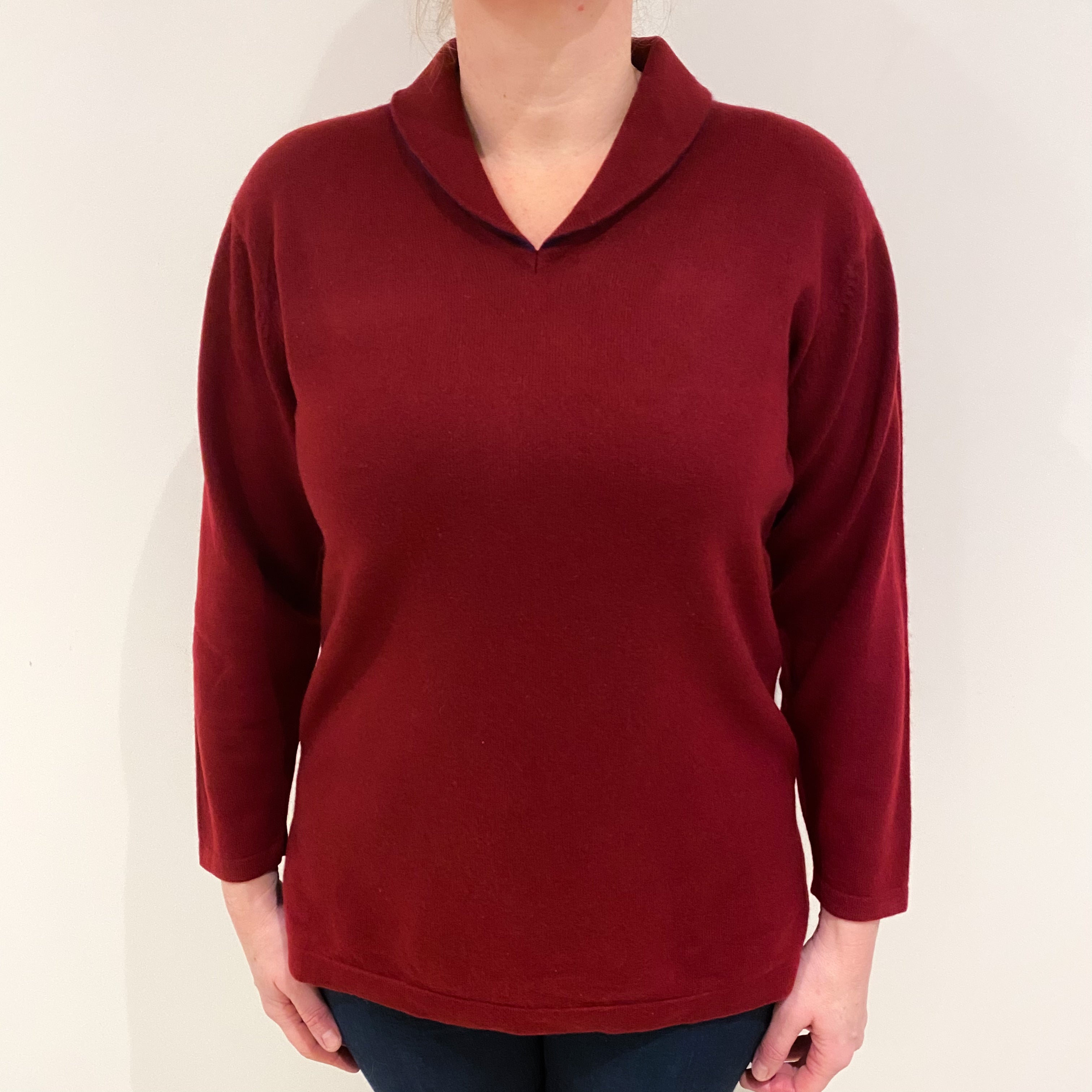 Maroon Red Cashmere Shawl Collar V Neck Jumper Large