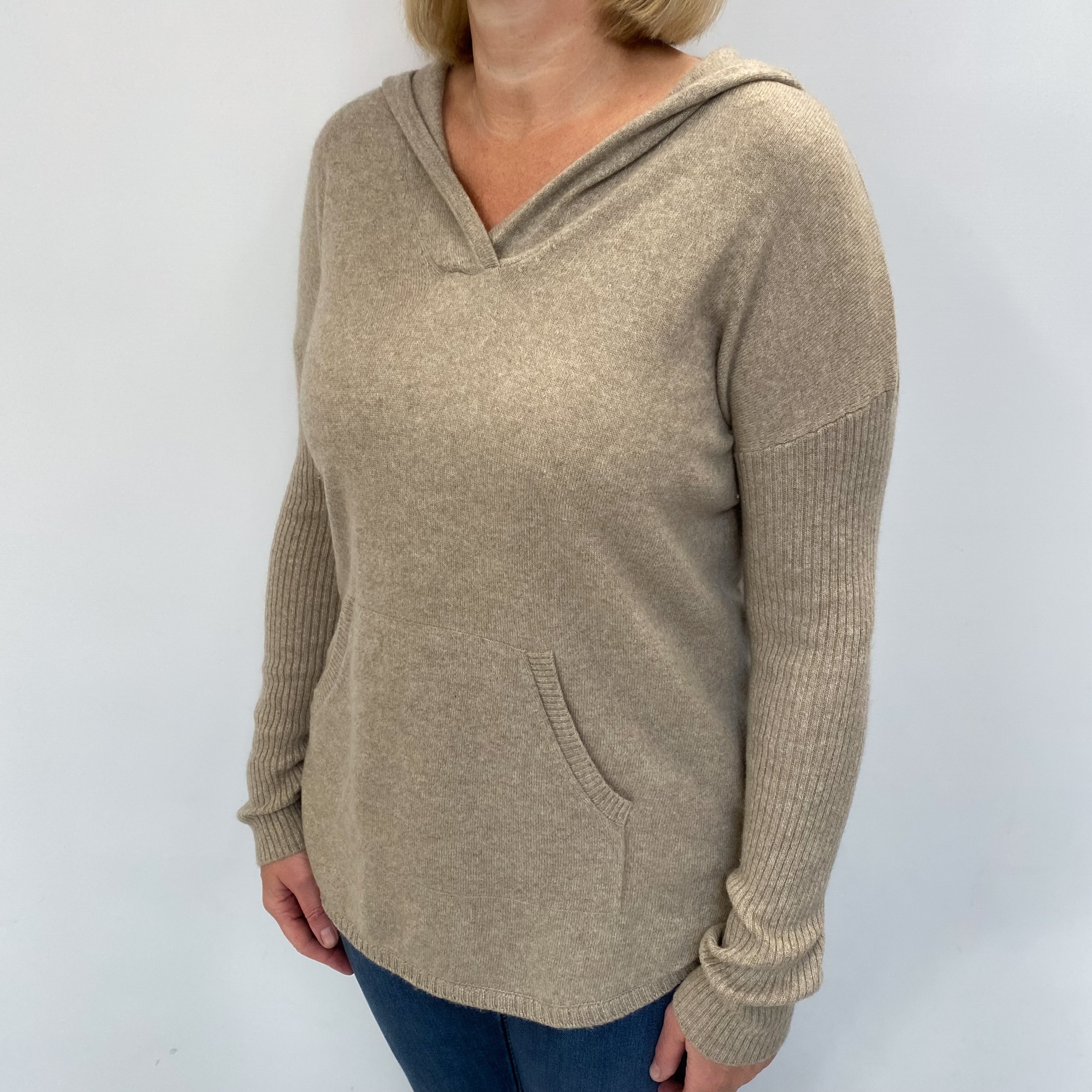 Fawn Beige Cashmere Hoodie Jumper Large